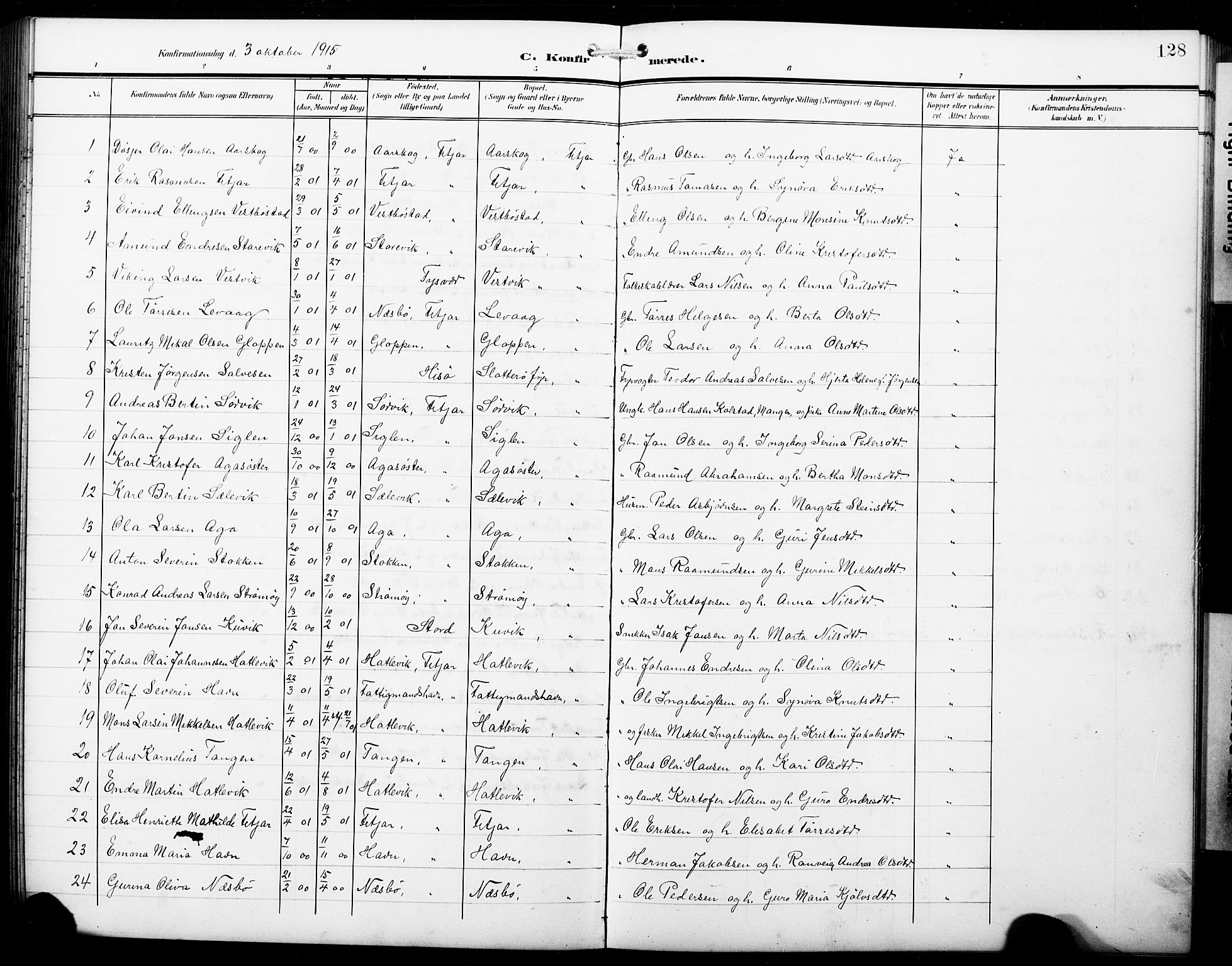 Fitjar sokneprestembete, SAB/A-99926: Parish register (copy) no. B 1, 1906-1928, p. 128