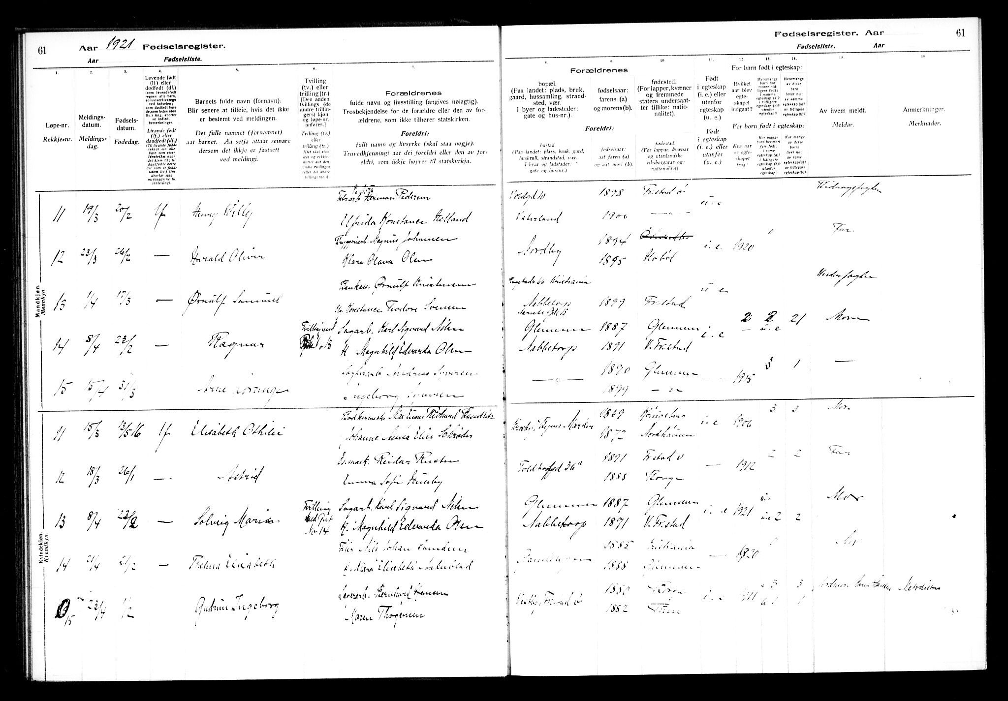 Østre Fredrikstad prestekontor Kirkebøker, SAO/A-10907/J/Ja/L0001: Birth register no. 1, 1916-1936, p. 61