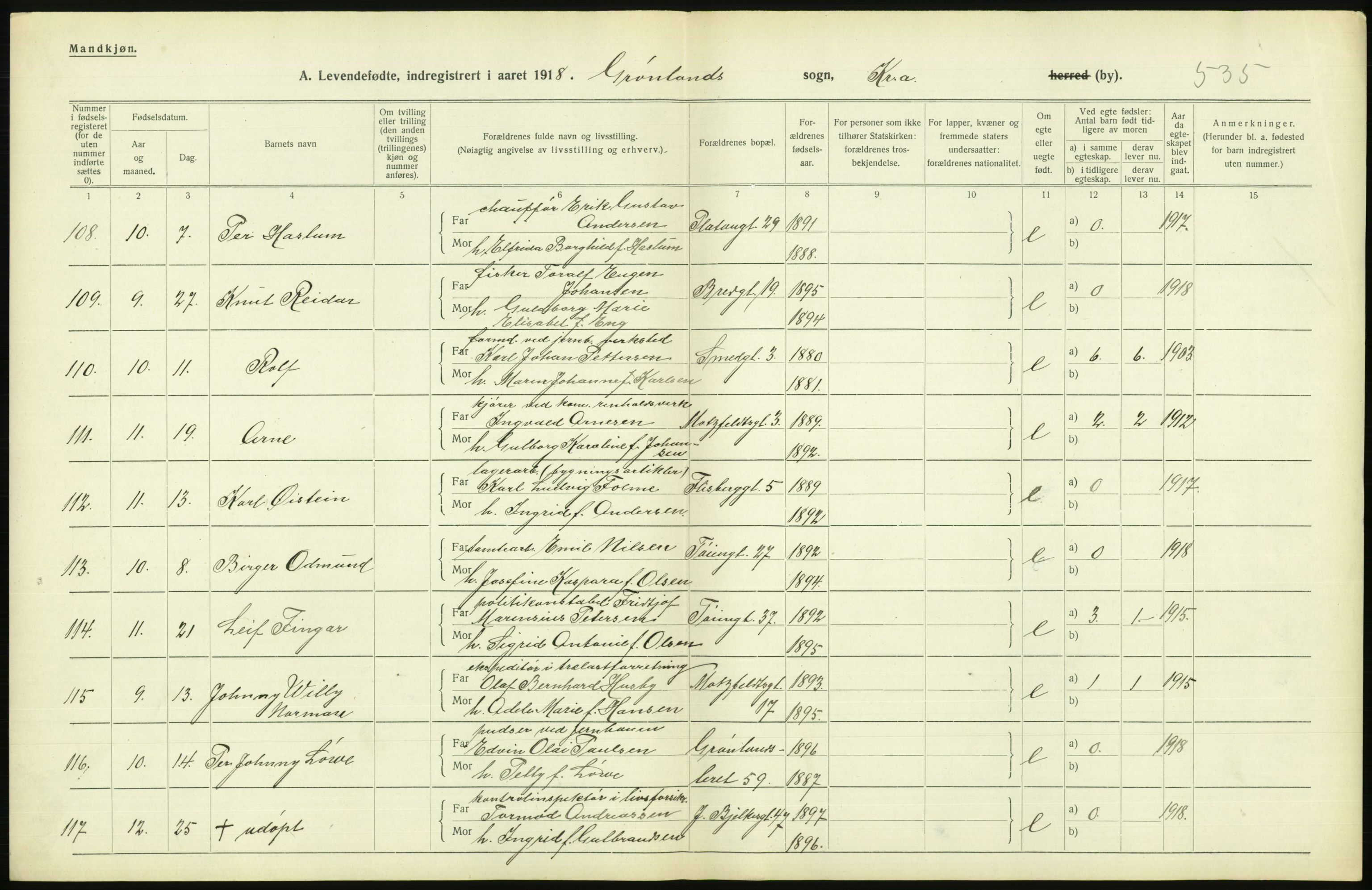 Statistisk sentralbyrå, Sosiodemografiske emner, Befolkning, AV/RA-S-2228/D/Df/Dfb/Dfbh/L0008: Kristiania: Levendefødte menn og kvinner., 1918, p. 778