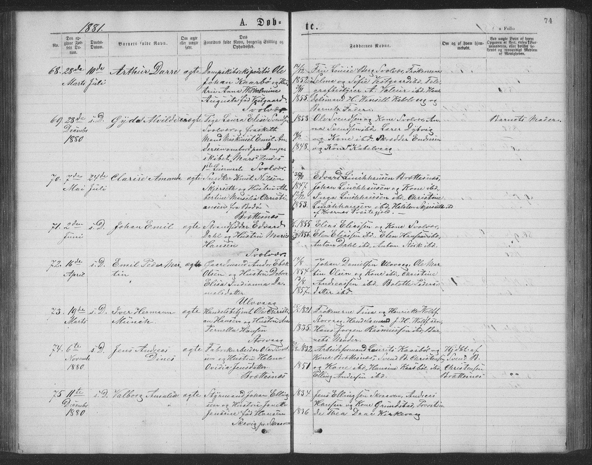 Ministerialprotokoller, klokkerbøker og fødselsregistre - Nordland, AV/SAT-A-1459/874/L1075: Parish register (copy) no. 874C04, 1876-1883, p. 74