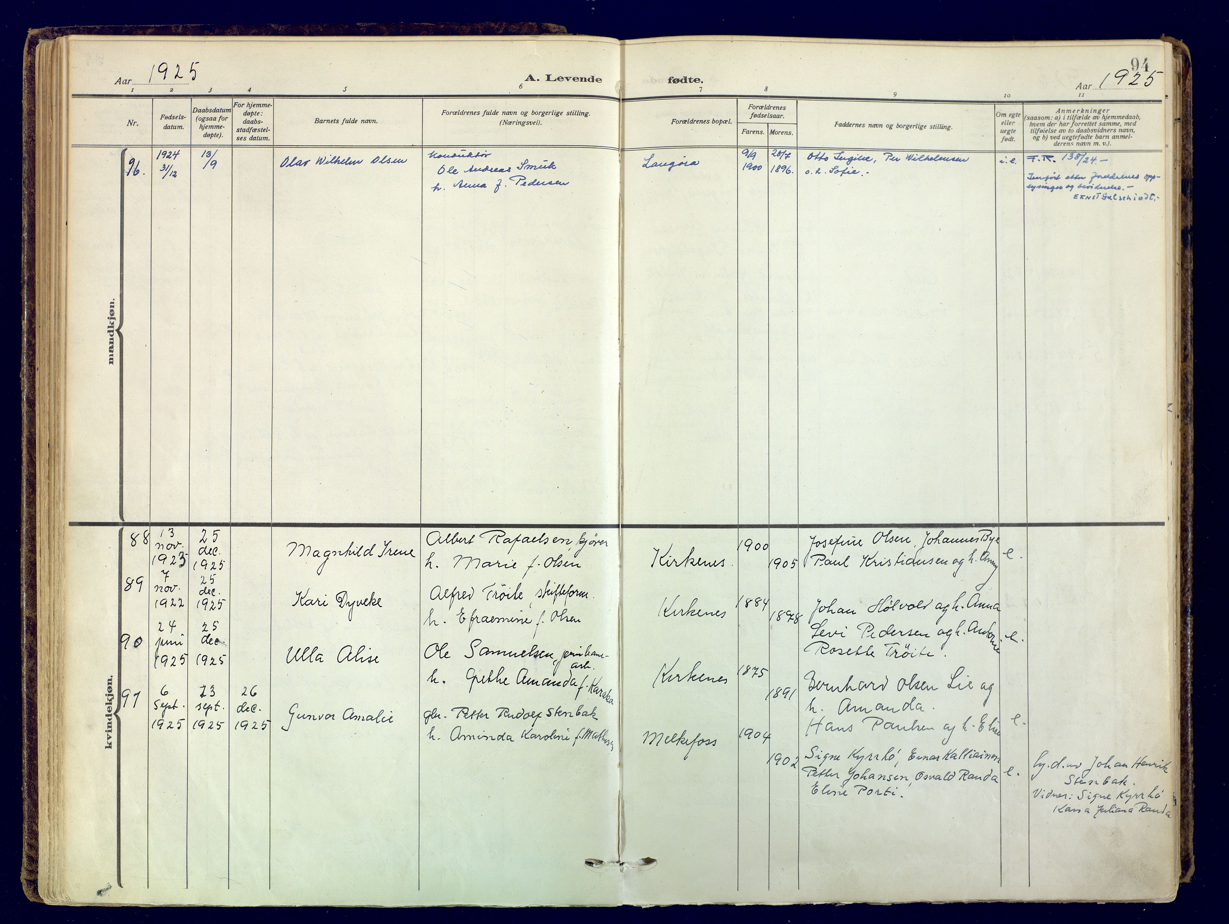 Sør-Varanger sokneprestkontor, AV/SATØ-S-1331/H/Ha/L0006kirke: Parish register (official) no. 6, 1919-1927, p. 94