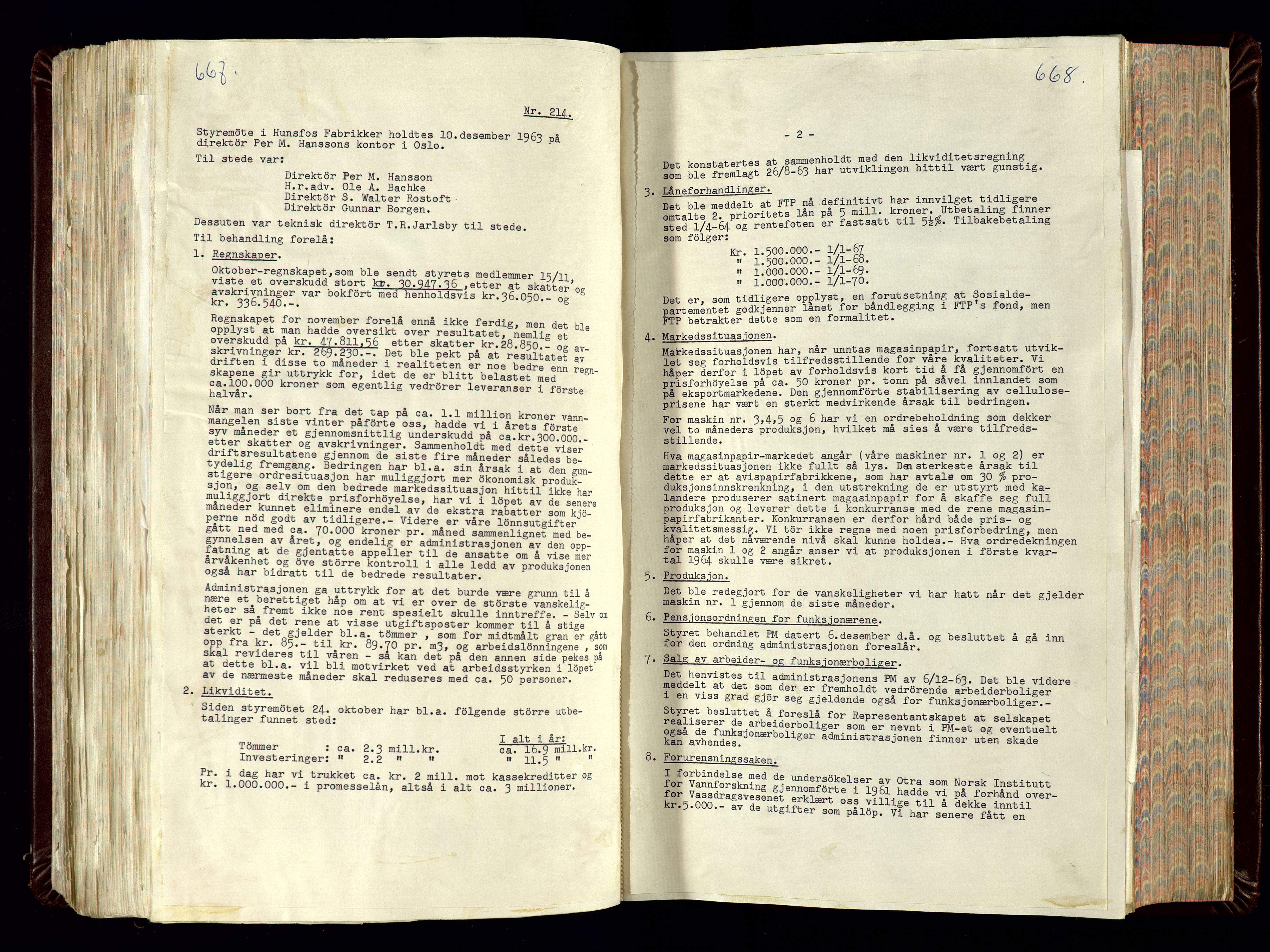 Hunsfos fabrikker, SAK/D/1440/02/L0007: Referatprotokoll fra styremøter (møte nr 114-221), 1951-1964, p. 667-668