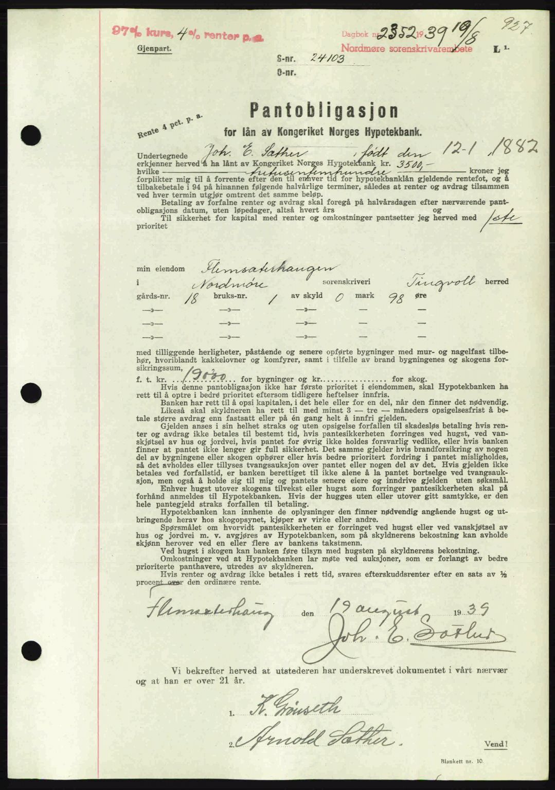 Nordmøre sorenskriveri, AV/SAT-A-4132/1/2/2Ca: Mortgage book no. B85, 1939-1939, Diary no: : 2352/1939