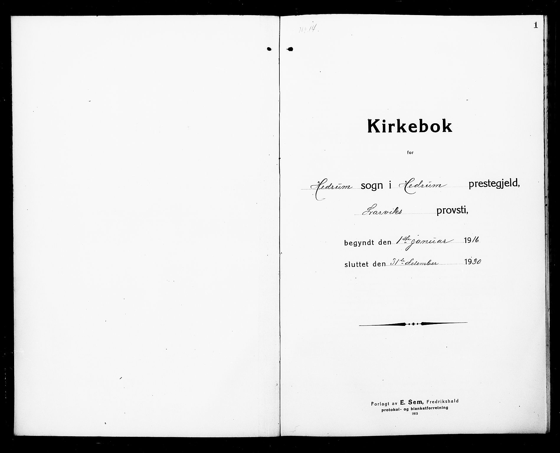 Hedrum kirkebøker, SAKO/A-344/G/Ga/L0005: Parish register (copy) no. I 5, 1916-1930, p. 1