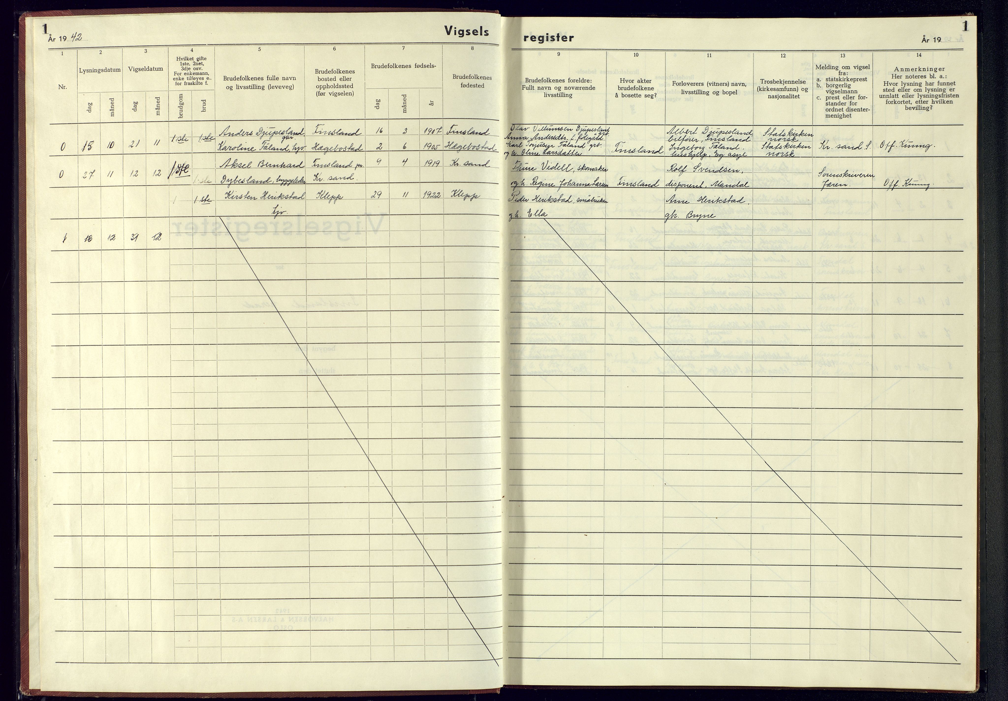 Bjelland sokneprestkontor, SAK/1111-0005/J/Jb/L0009: Marriage register no. II.6.9, 1942-1956, p. 1