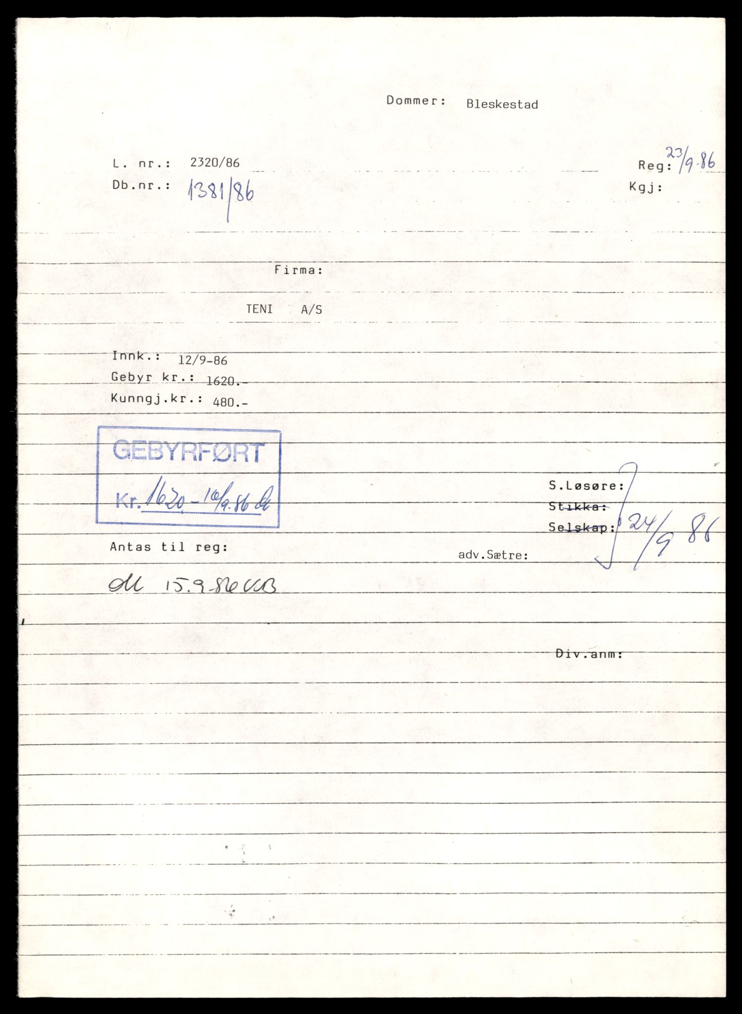 Asker og Bærum tingrett, AV/SAT-A-10379/K/Kb/Kbb/L0039: Aksjeselskap og andelslag, Ter - Ton, 1960-1989, p. 1