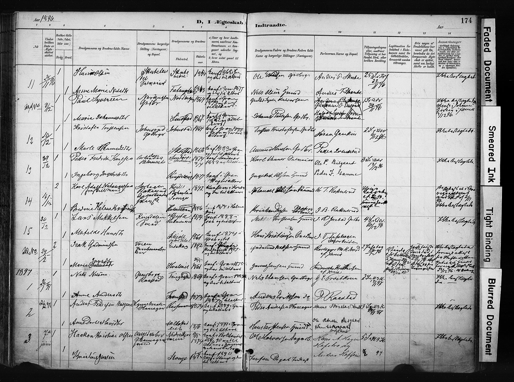 Gran prestekontor, SAH/PREST-112/H/Ha/Haa/L0017: Parish register (official) no. 17, 1889-1897, p. 174