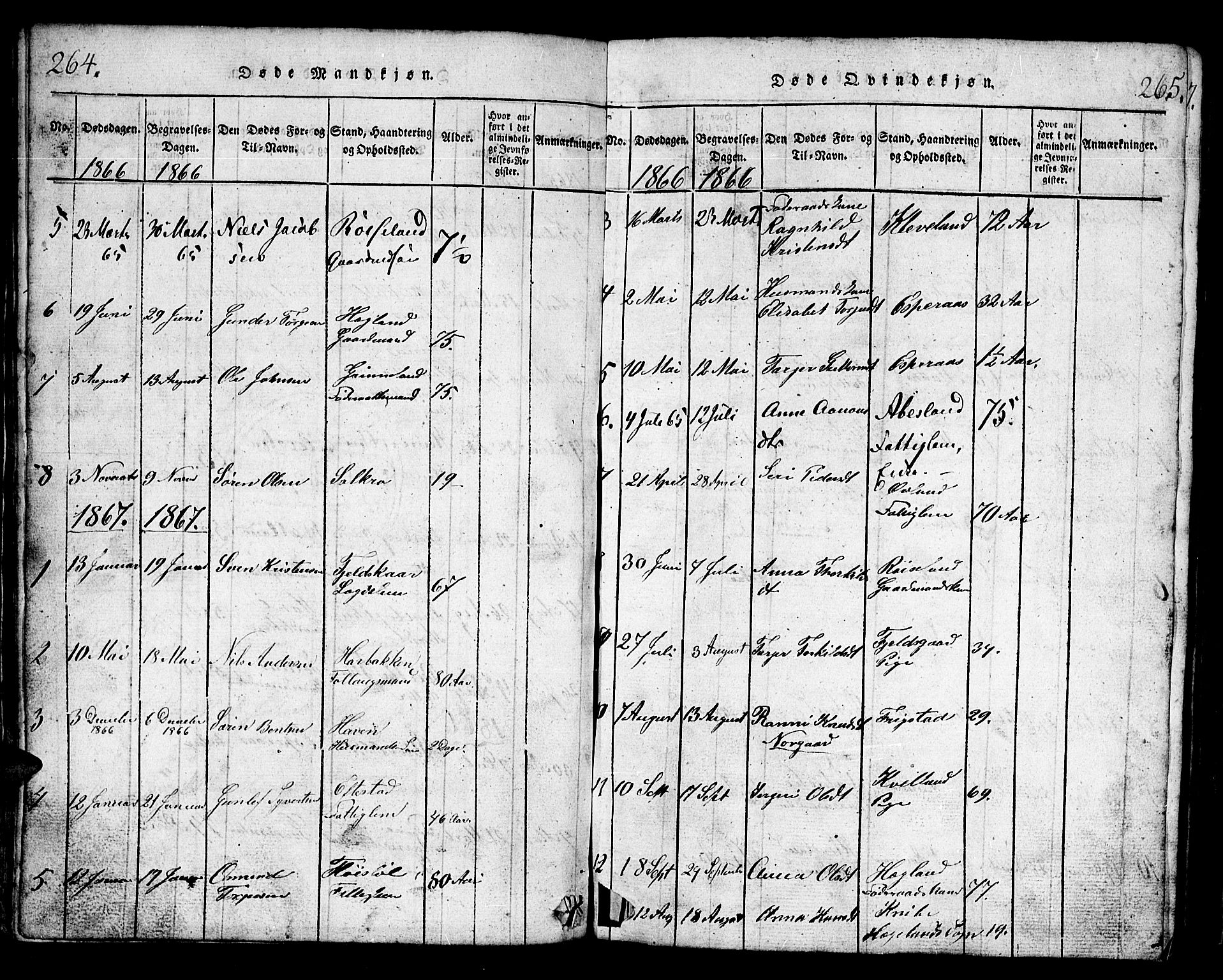 Bjelland sokneprestkontor, AV/SAK-1111-0005/F/Fb/Fbb/L0003: Parish register (copy) no. B 3, 1816-1868, p. 264-265