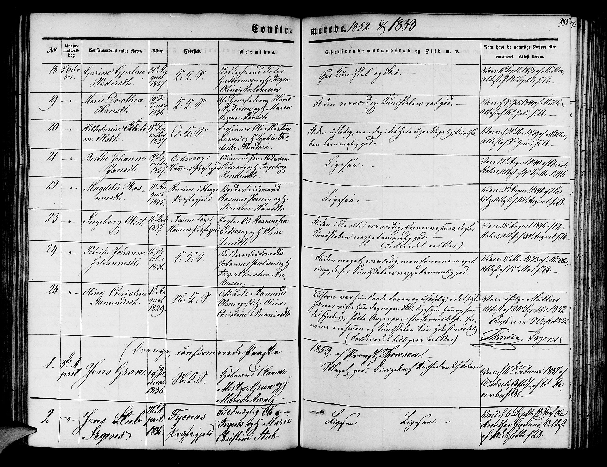 Korskirken sokneprestembete, SAB/A-76101/H/Hab: Parish register (copy) no. C 1, 1839-1868, p. 225