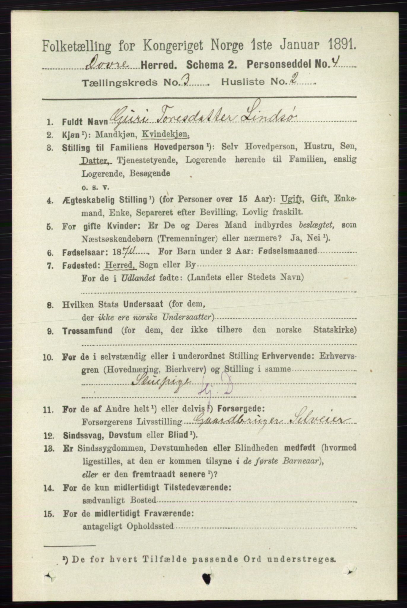 RA, 1891 census for 0511 Dovre, 1891, p. 1405