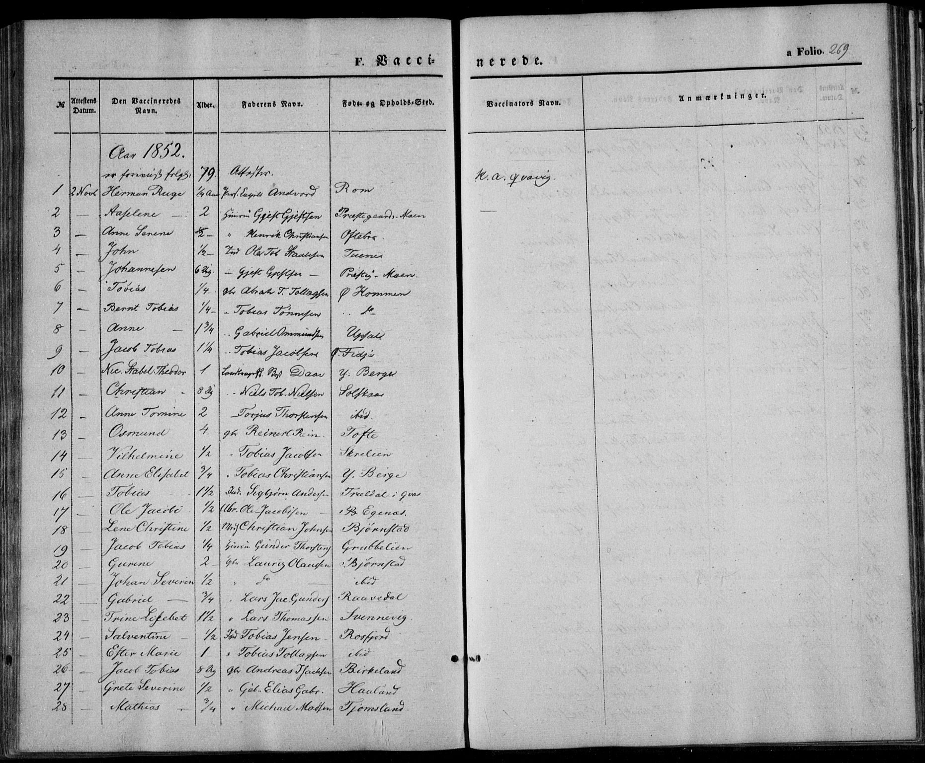 Lyngdal sokneprestkontor, SAK/1111-0029/F/Fa/Fac/L0009: Parish register (official) no. A 9, 1852-1864, p. 269