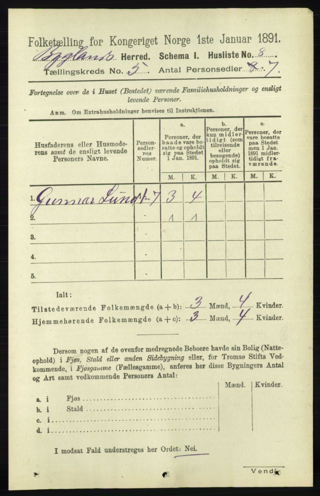 RA, 1891 census for 0938 Bygland, 1891, p. 1005