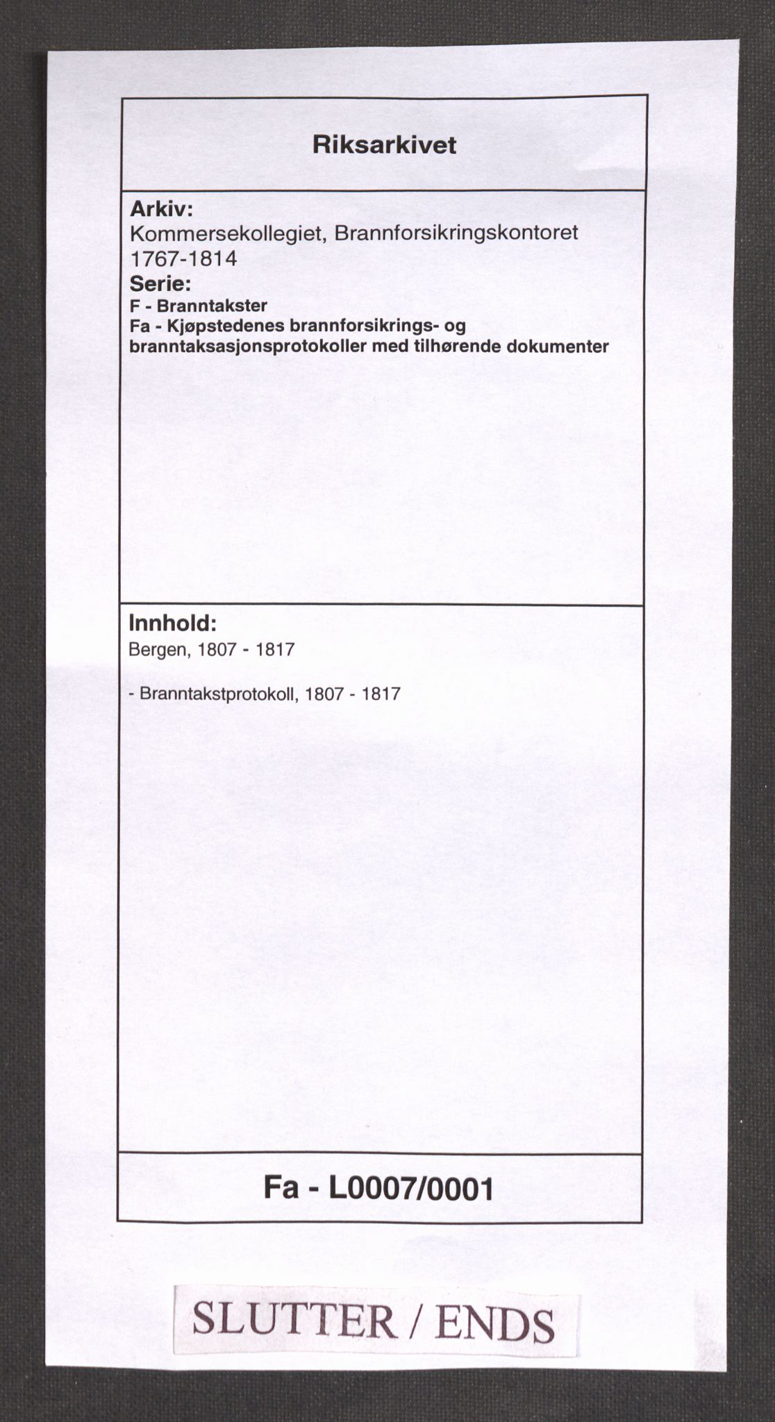 Kommersekollegiet, Brannforsikringskontoret 1767-1814, AV/RA-EA-5458/F/Fa/L0007/0001: Bergen / Branntakstprotokoll, 1807-1817