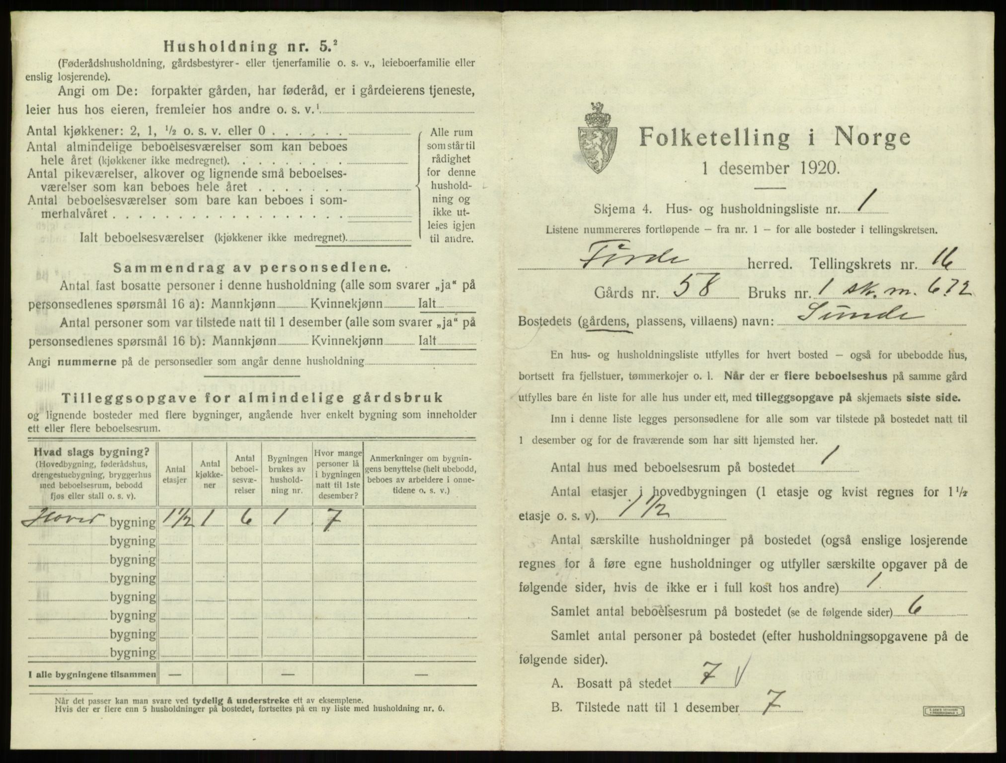 SAB, 1920 census for Førde, 1920, p. 806