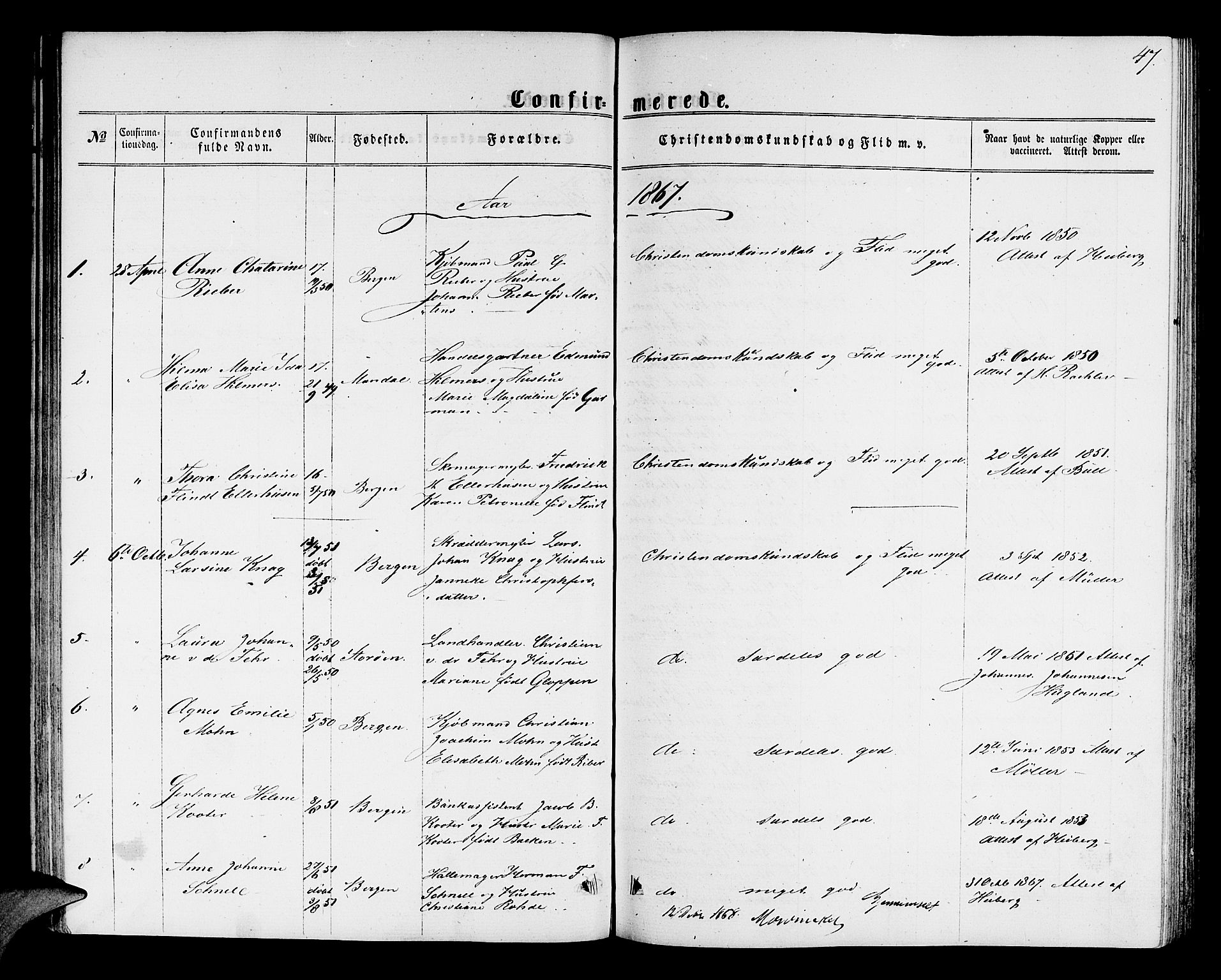 Mariakirken Sokneprestembete, SAB/A-76901/H/Hab/L0003: Parish register (copy) no. A 3, 1862-1877, p. 47