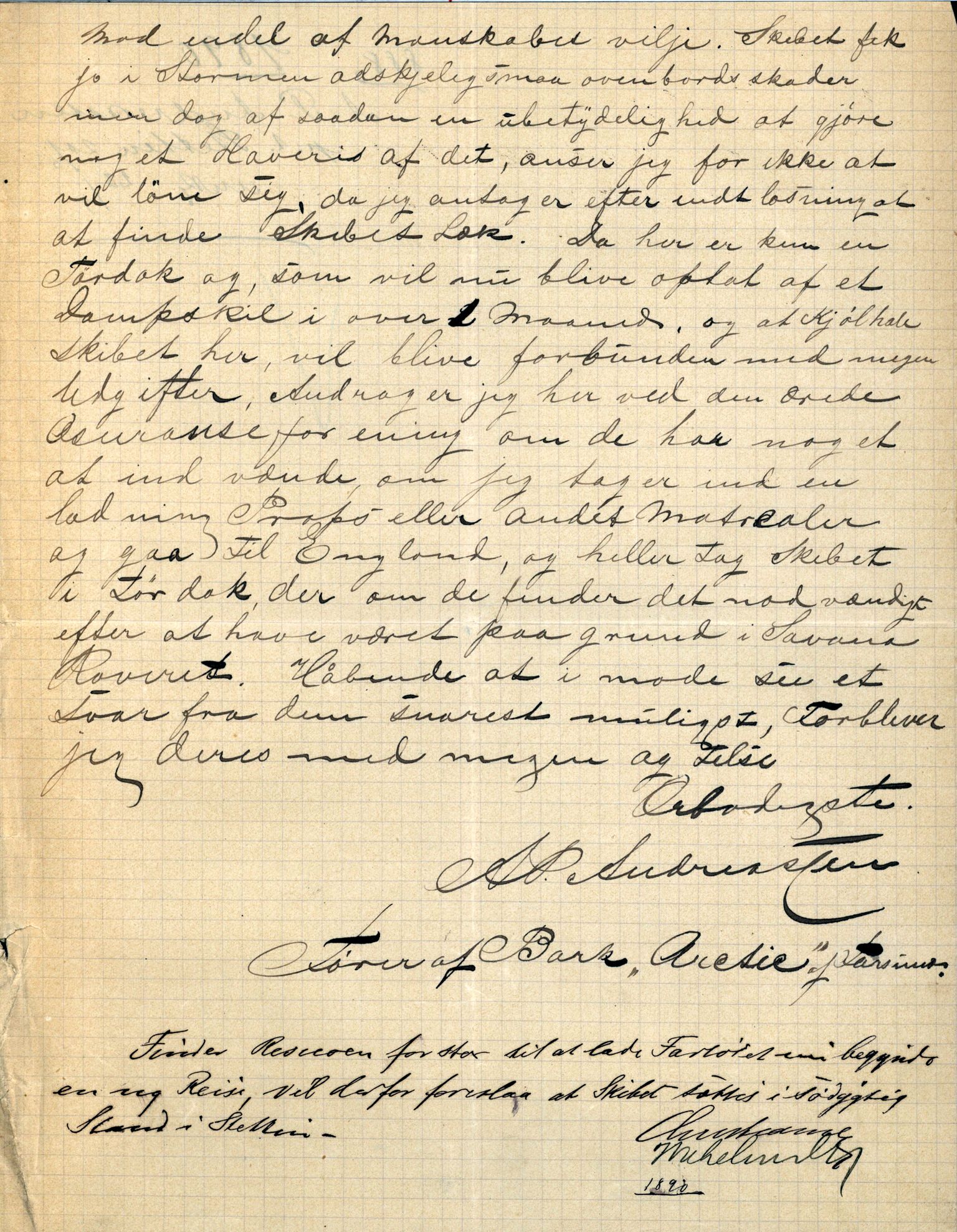 Pa 63 - Østlandske skibsassuranceforening, VEMU/A-1079/G/Ga/L0026/0007: Havaridokumenter / Arctic, Biskop Brun, Agnese, Annie, Alma, Bertha Rød, 1890, p. 3