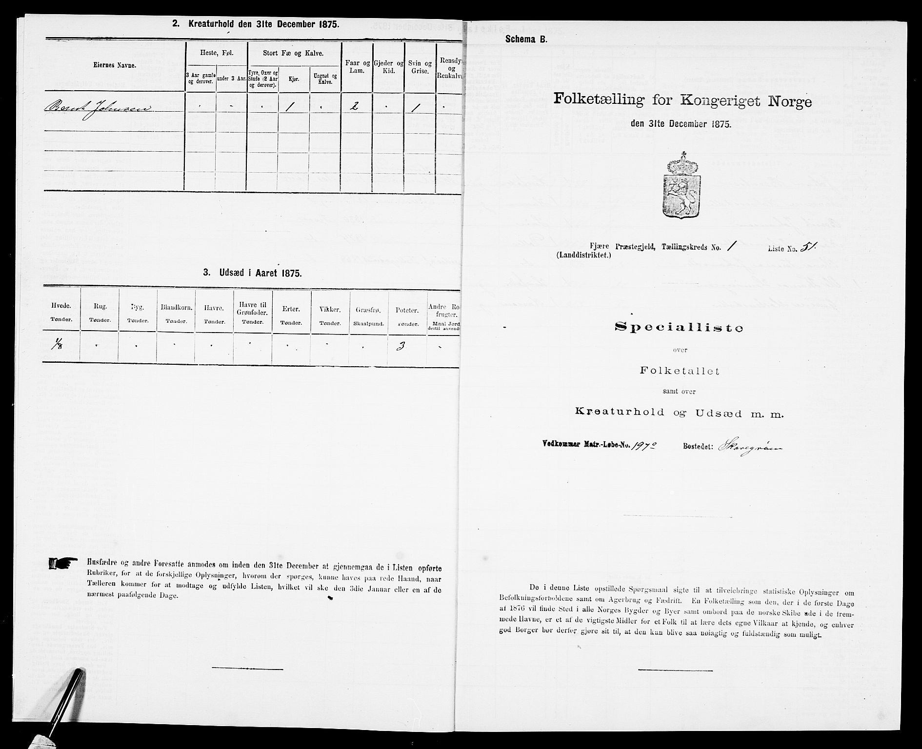 SAK, 1875 census for 0923L Fjære/Fjære, 1875, p. 171