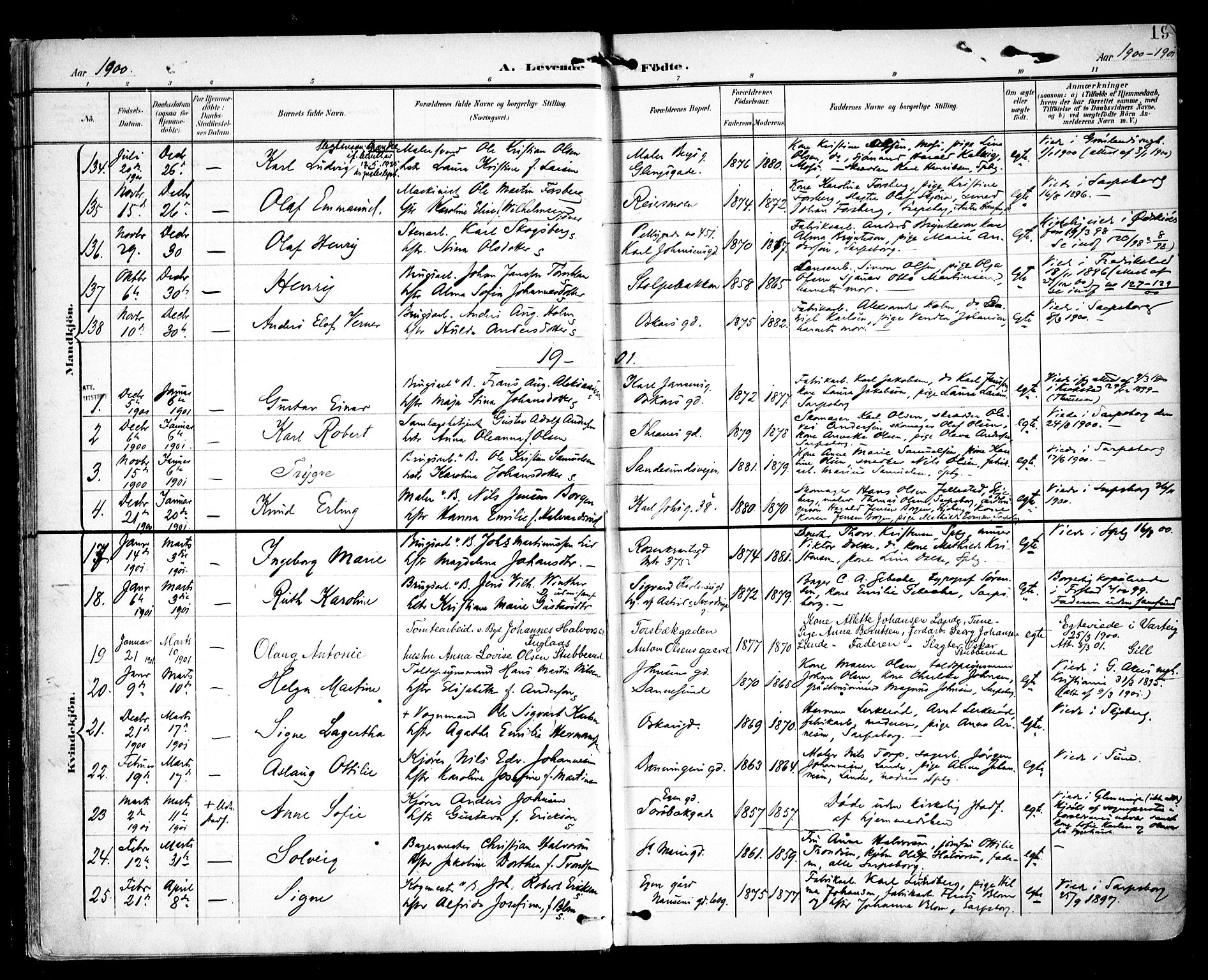 Sarpsborg prestekontor Kirkebøker, AV/SAO-A-2006/F/Fa/L0005: Parish register (official) no. 5, 1900-1909, p. 19