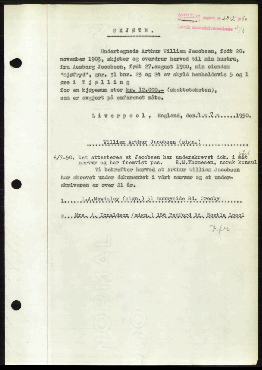 Larvik sorenskriveri, AV/SAKO-A-83/G/Ga/Gab/L0092: Mortgage book no. A-26, 1950-1950, Diary no: : 2312/1950
