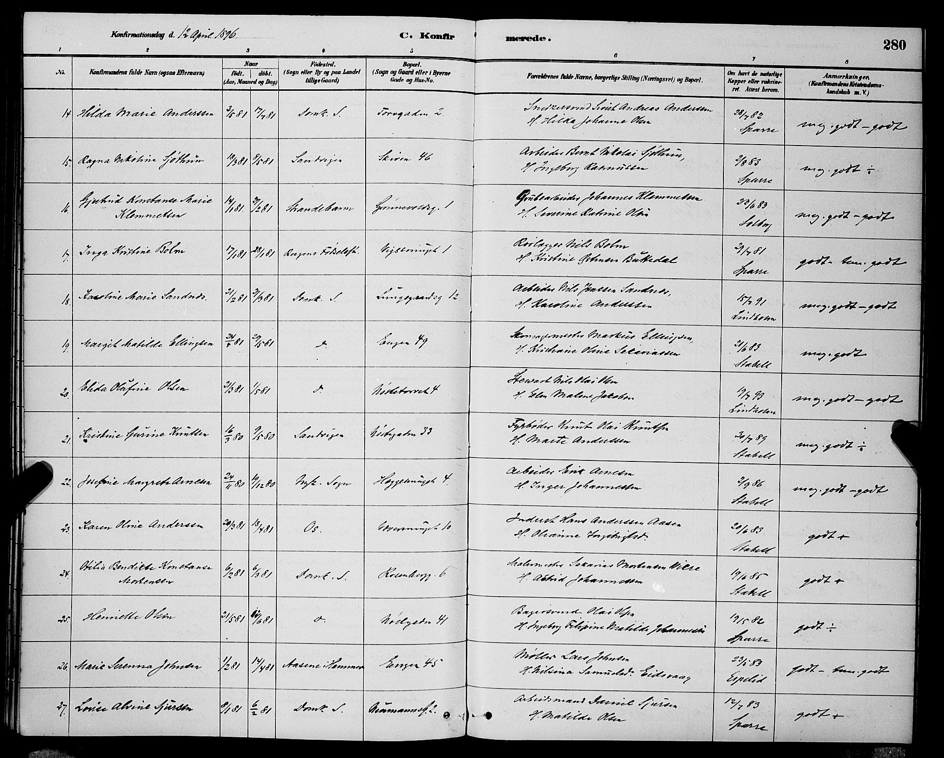 Domkirken sokneprestembete, AV/SAB-A-74801/H/Hab/L0024: Parish register (copy) no. C 4, 1880-1899, p. 280