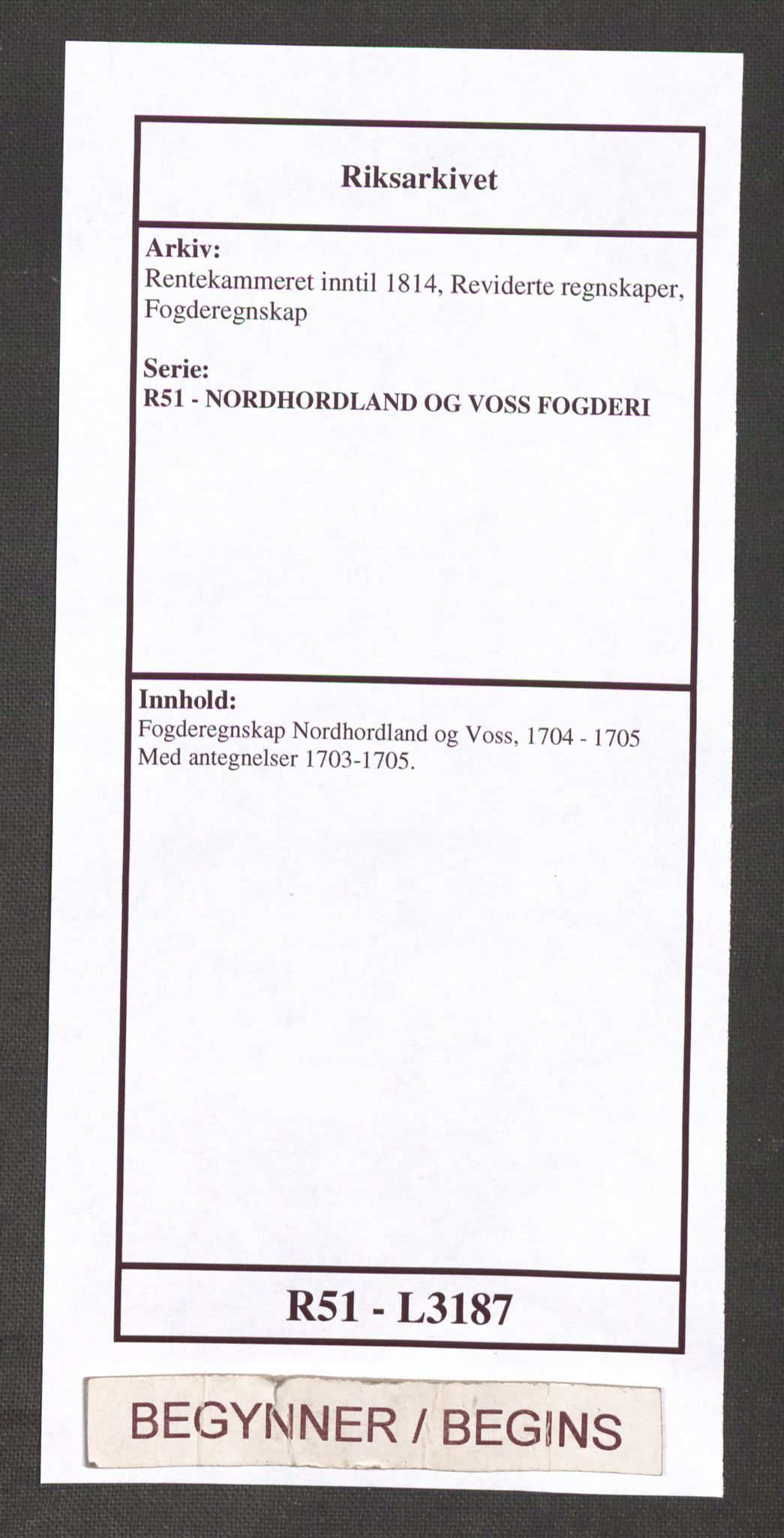 Rentekammeret inntil 1814, Reviderte regnskaper, Fogderegnskap, AV/RA-EA-4092/R51/L3187: Fogderegnskap Nordhordland og Voss, 1704-1705, p. 1