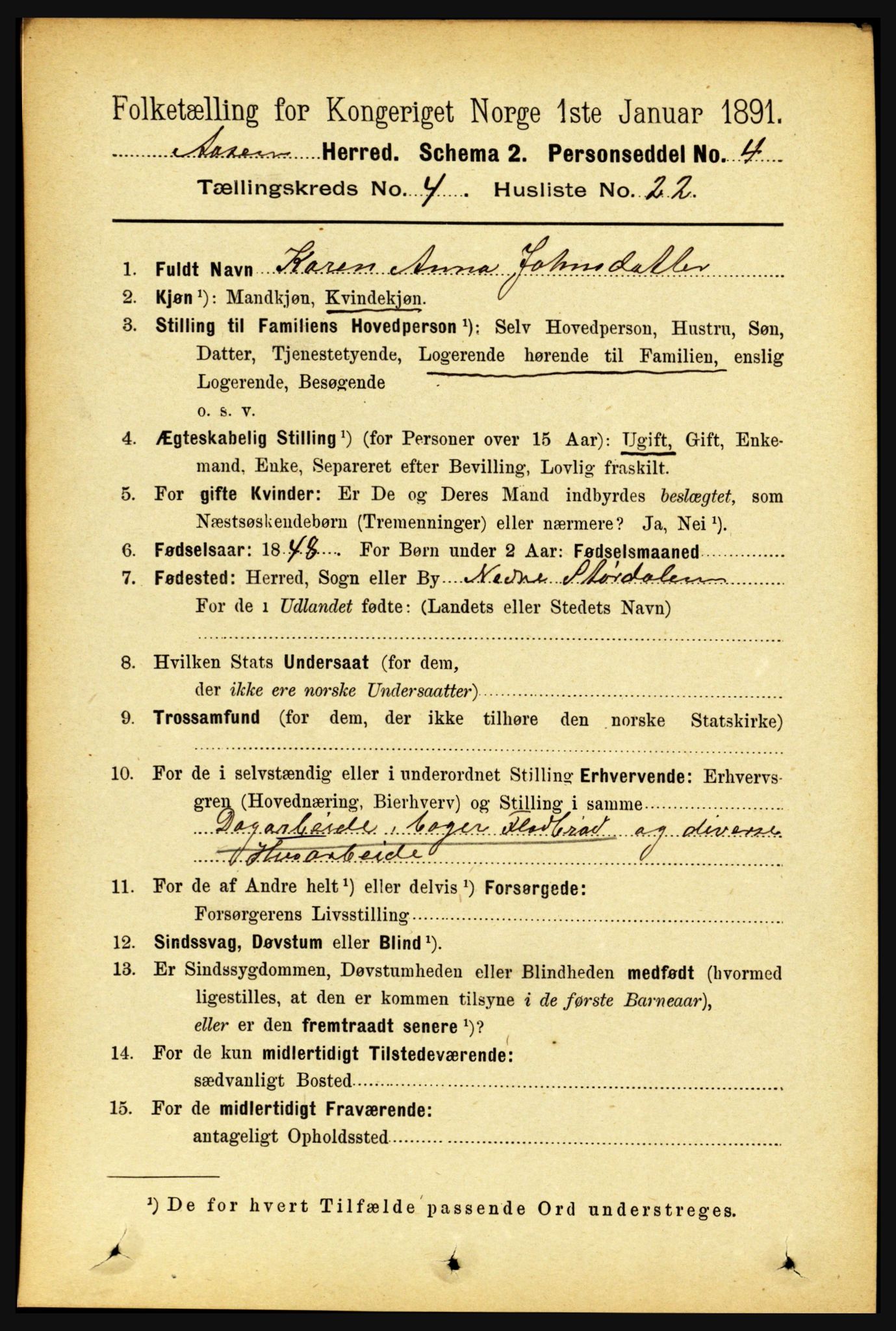 RA, 1891 census for 1716 Åsen, 1891, p. 1530