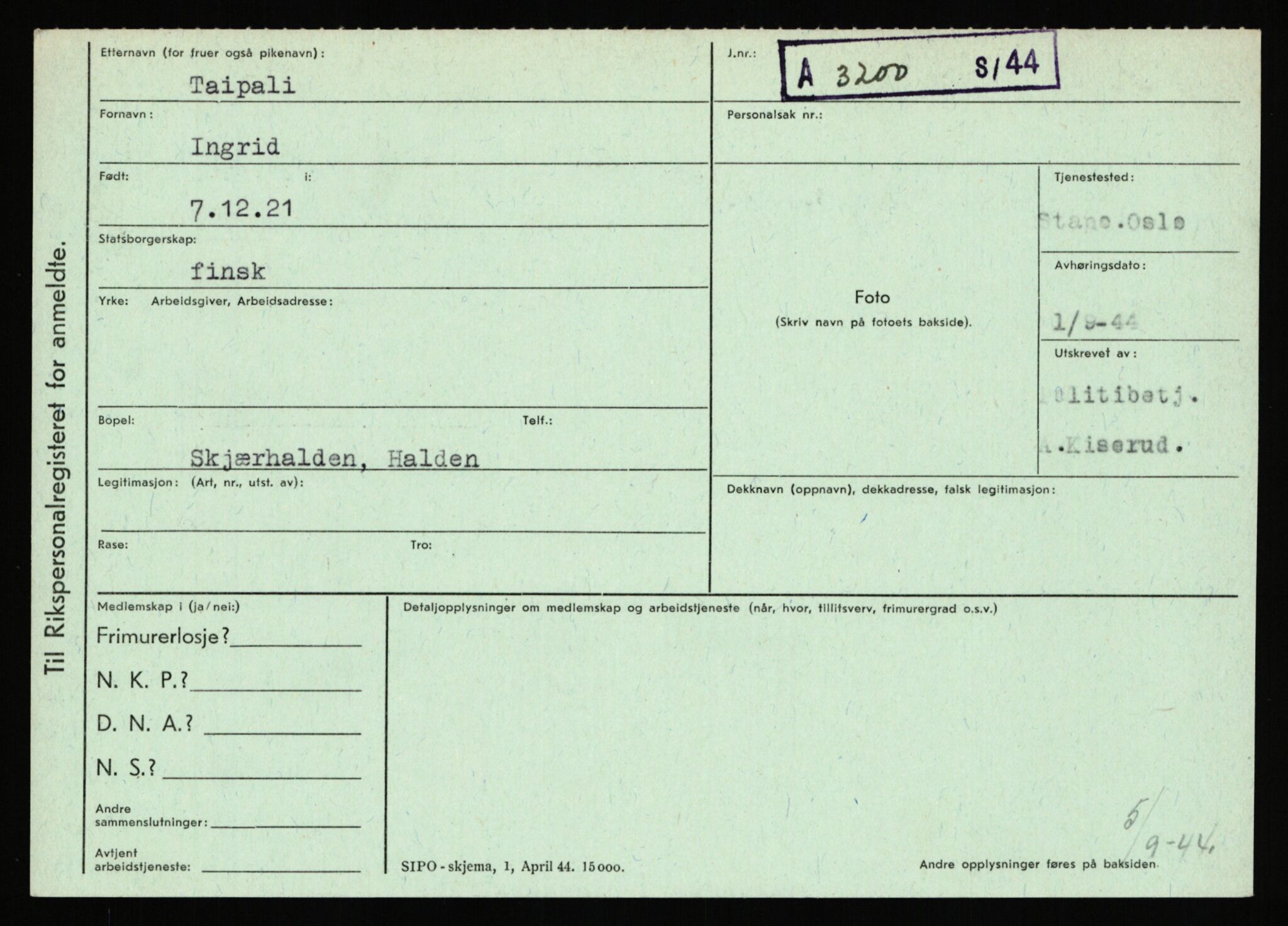 Statspolitiet - Hovedkontoret / Osloavdelingen, AV/RA-S-1329/C/Ca/L0015: Svea - Tøsse, 1943-1945, p. 1824