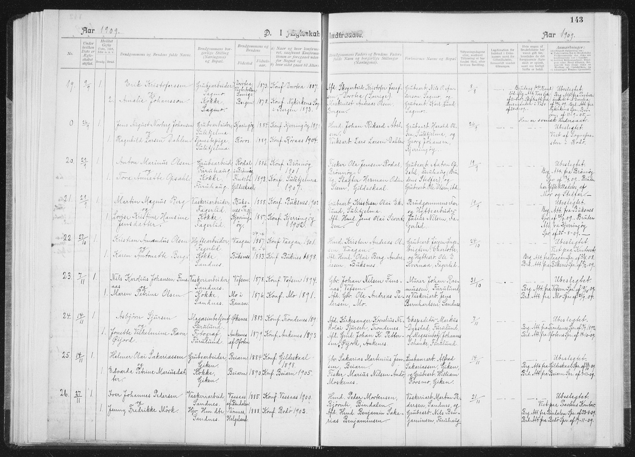 Ministerialprotokoller, klokkerbøker og fødselsregistre - Nordland, AV/SAT-A-1459/850/L0711: Curate's parish register no. 850B01, 1902-1915, p. 143