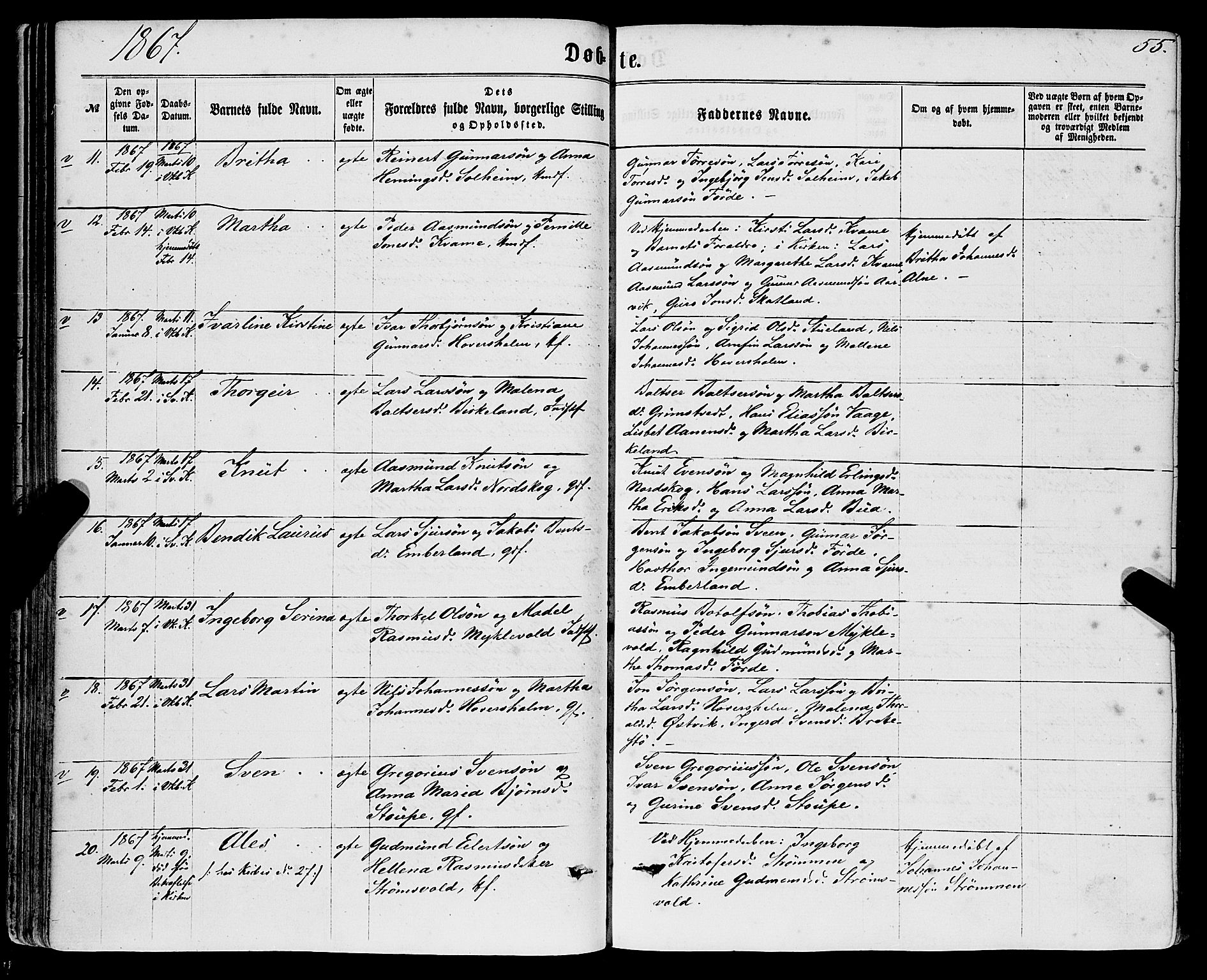 Sveio Sokneprestembete, AV/SAB-A-78501/H/Haa: Parish register (official) no. A 1, 1861-1877, p. 55