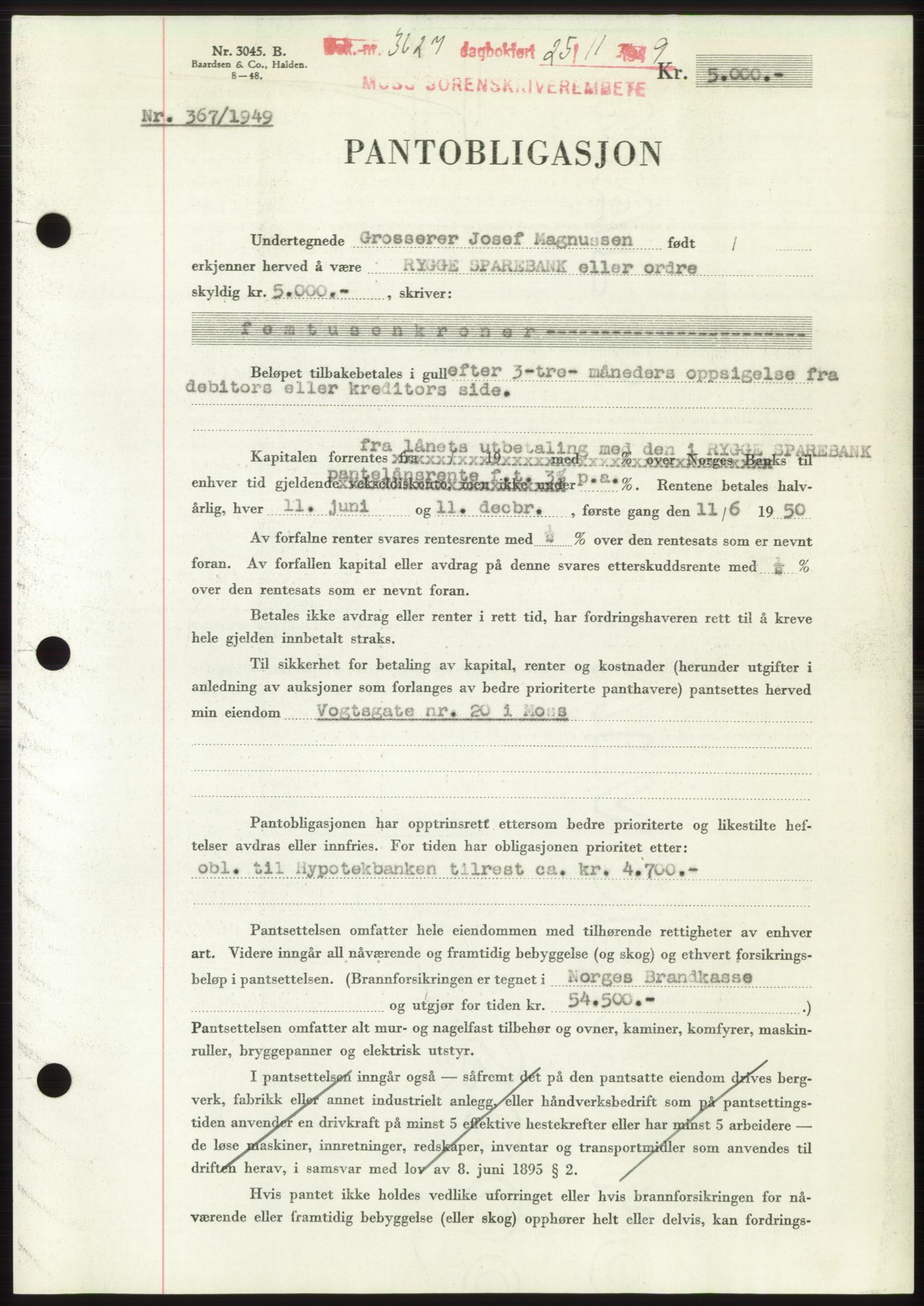 Moss sorenskriveri, SAO/A-10168: Mortgage book no. B23, 1949-1950, Diary no: : 3637/1949