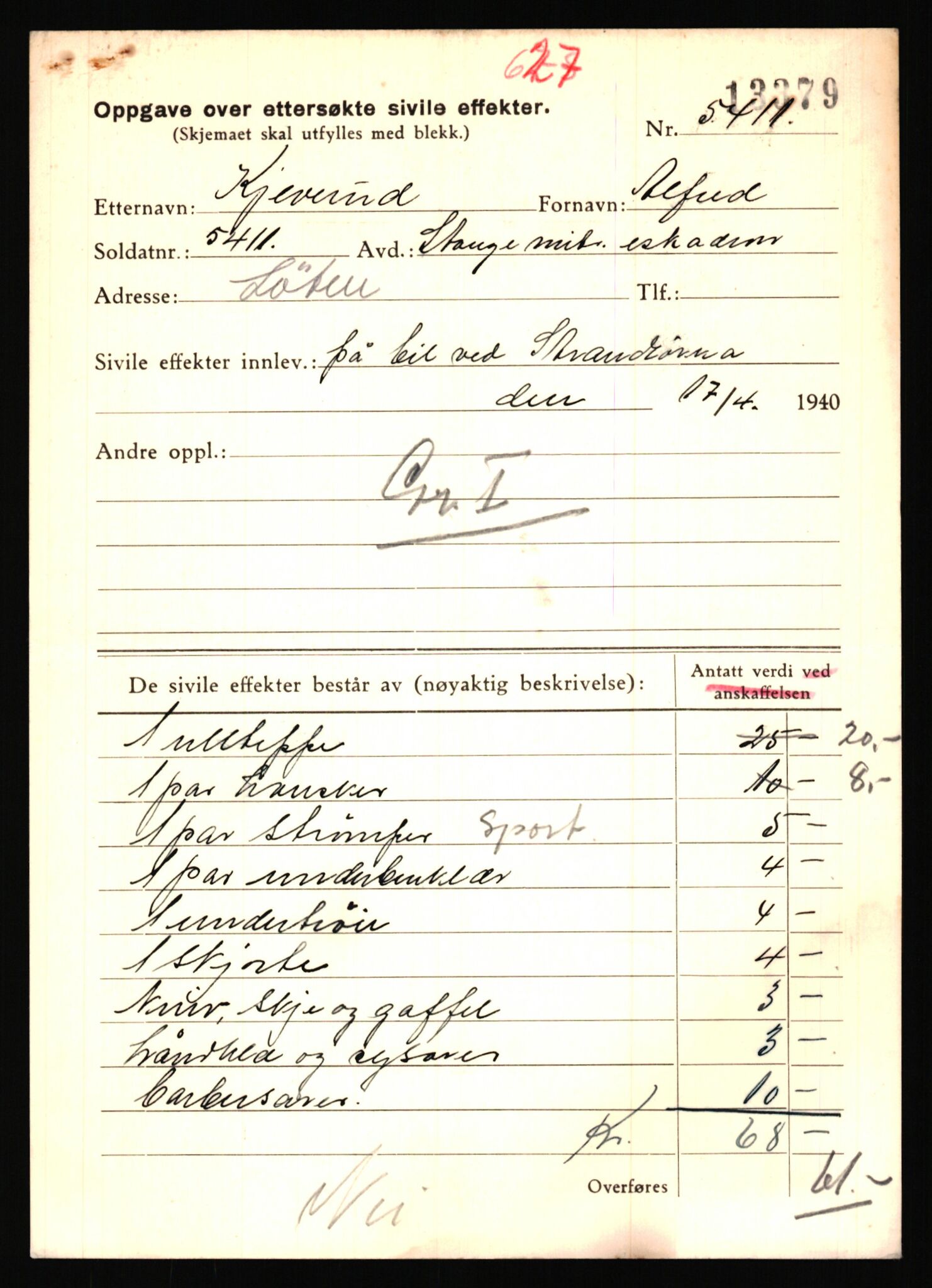 Justisdepartementet, Oppgjørsavdelingen, AV/RA-S-1056/G/Gb/L0044: Oppgaver over ettersøkte sivile effekter: Kjeve - Knuts, 1940-1942, p. 11