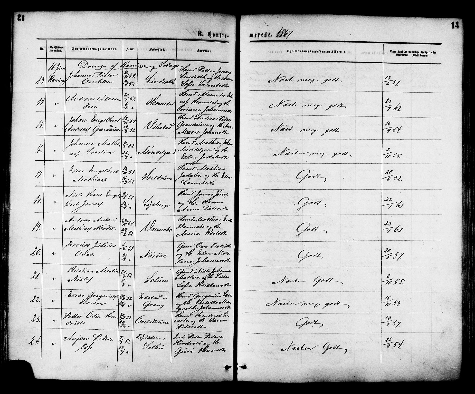 Ministerialprotokoller, klokkerbøker og fødselsregistre - Nord-Trøndelag, AV/SAT-A-1458/764/L0553: Parish register (official) no. 764A08, 1858-1880, p. 14