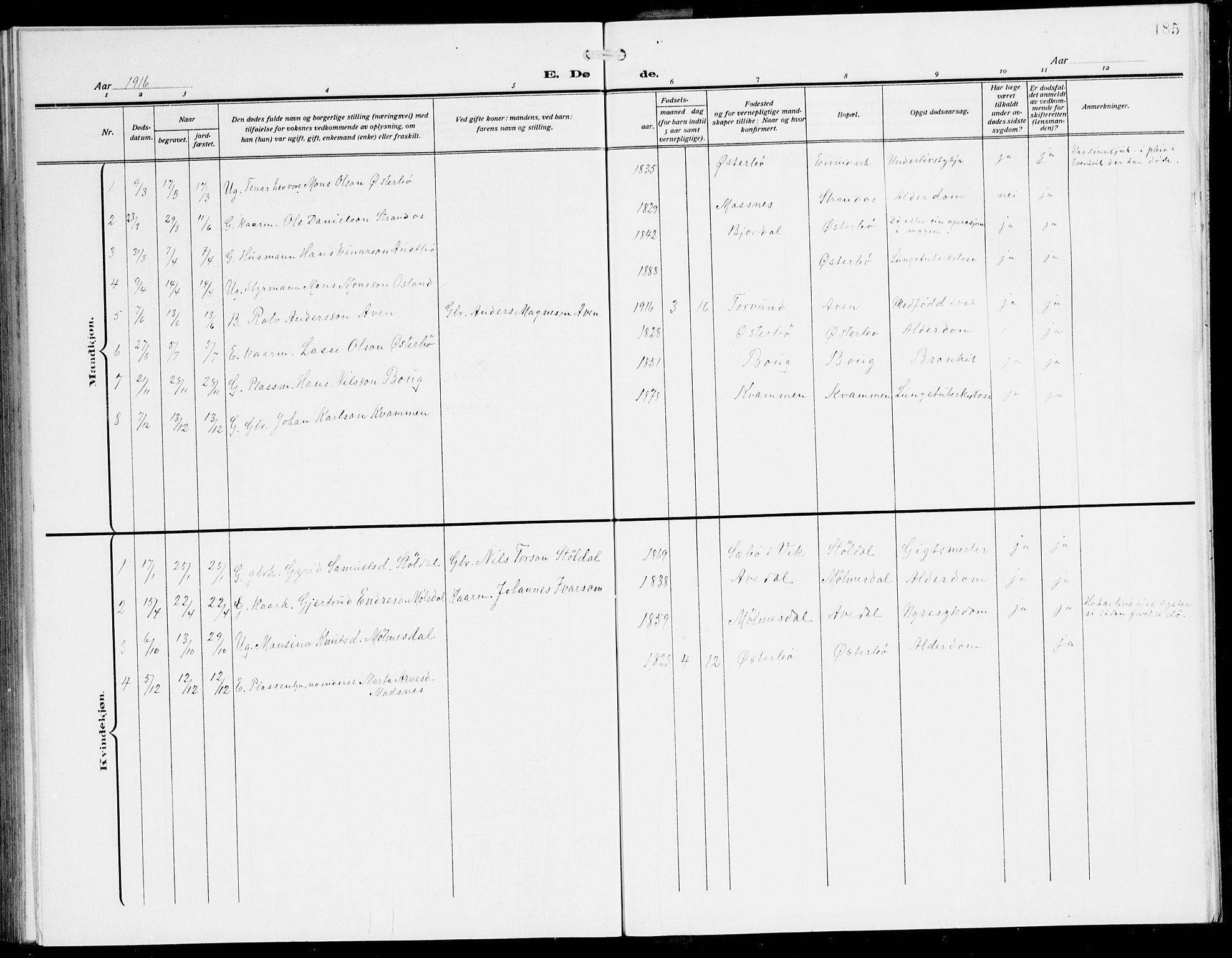 Lavik sokneprestembete, AV/SAB-A-80901: Parish register (copy) no. A 3, 1911-1942, p. 185