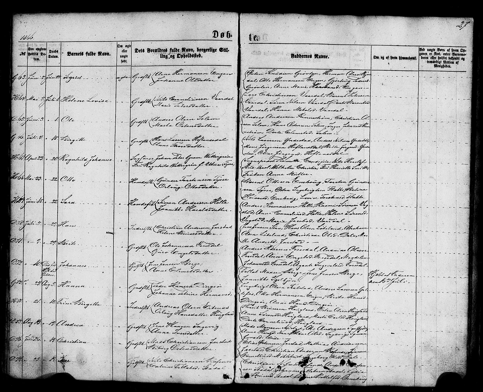 Fjaler sokneprestembete, AV/SAB-A-79801/H/Haa/Haaa/L0007: Parish register (official) no. A 7, 1862-1881, p. 27