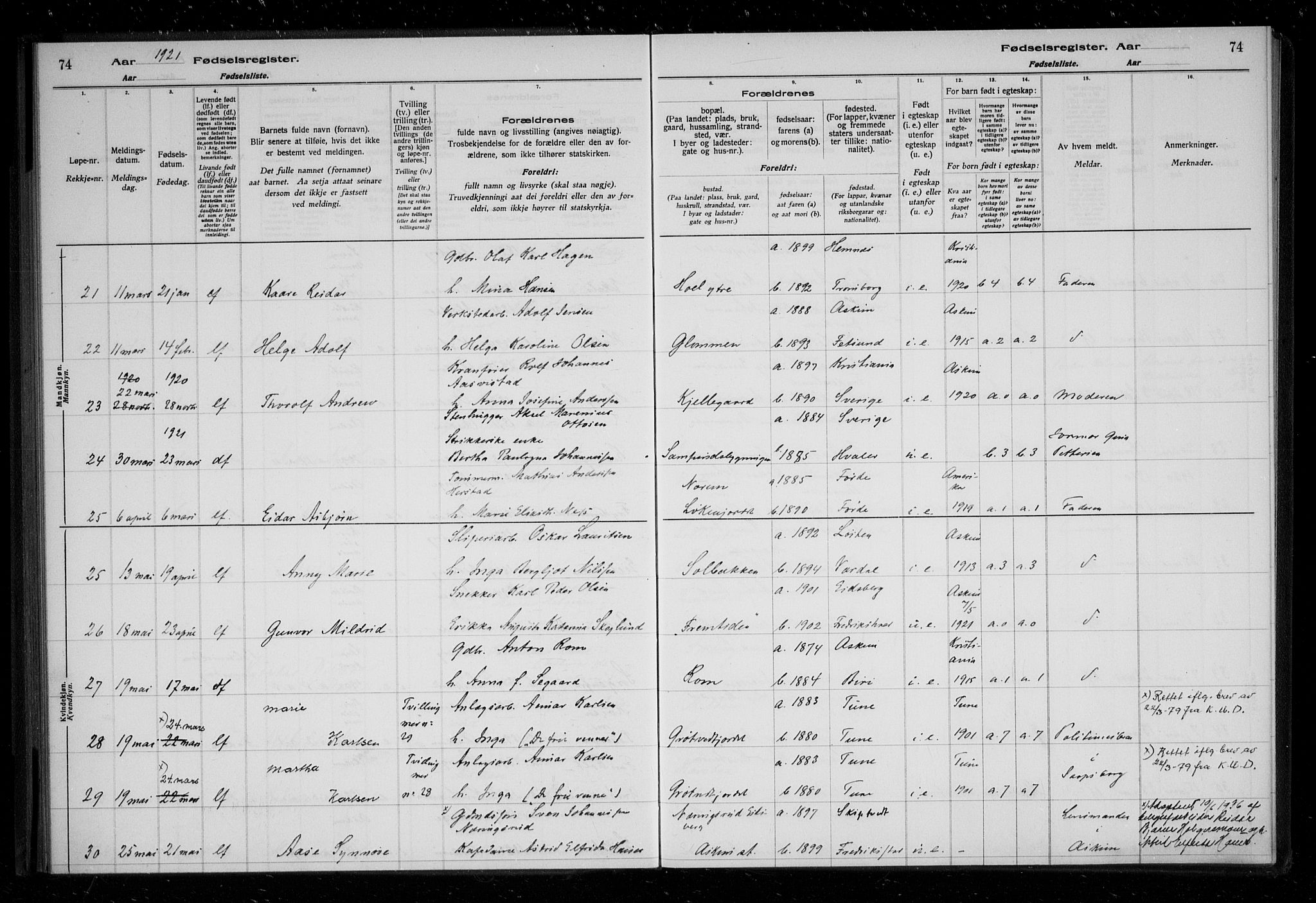 Askim prestekontor Kirkebøker, AV/SAO-A-10900/J/Ja/L0001: Birth register no. 1, 1916-1929, p. 74