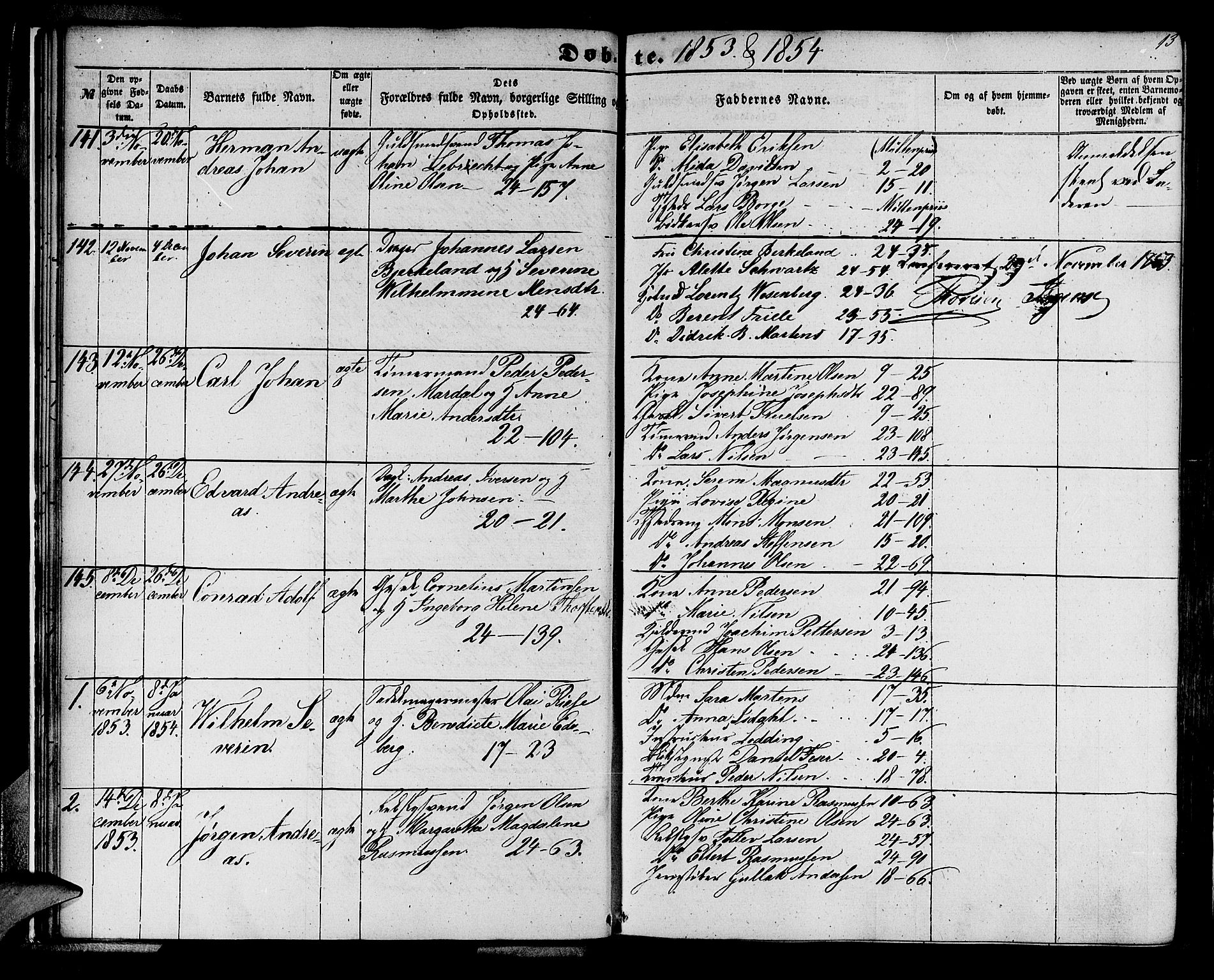 Korskirken sokneprestembete, SAB/A-76101/H/Hab: Parish register (copy) no. B 3, 1853-1858, p. 13