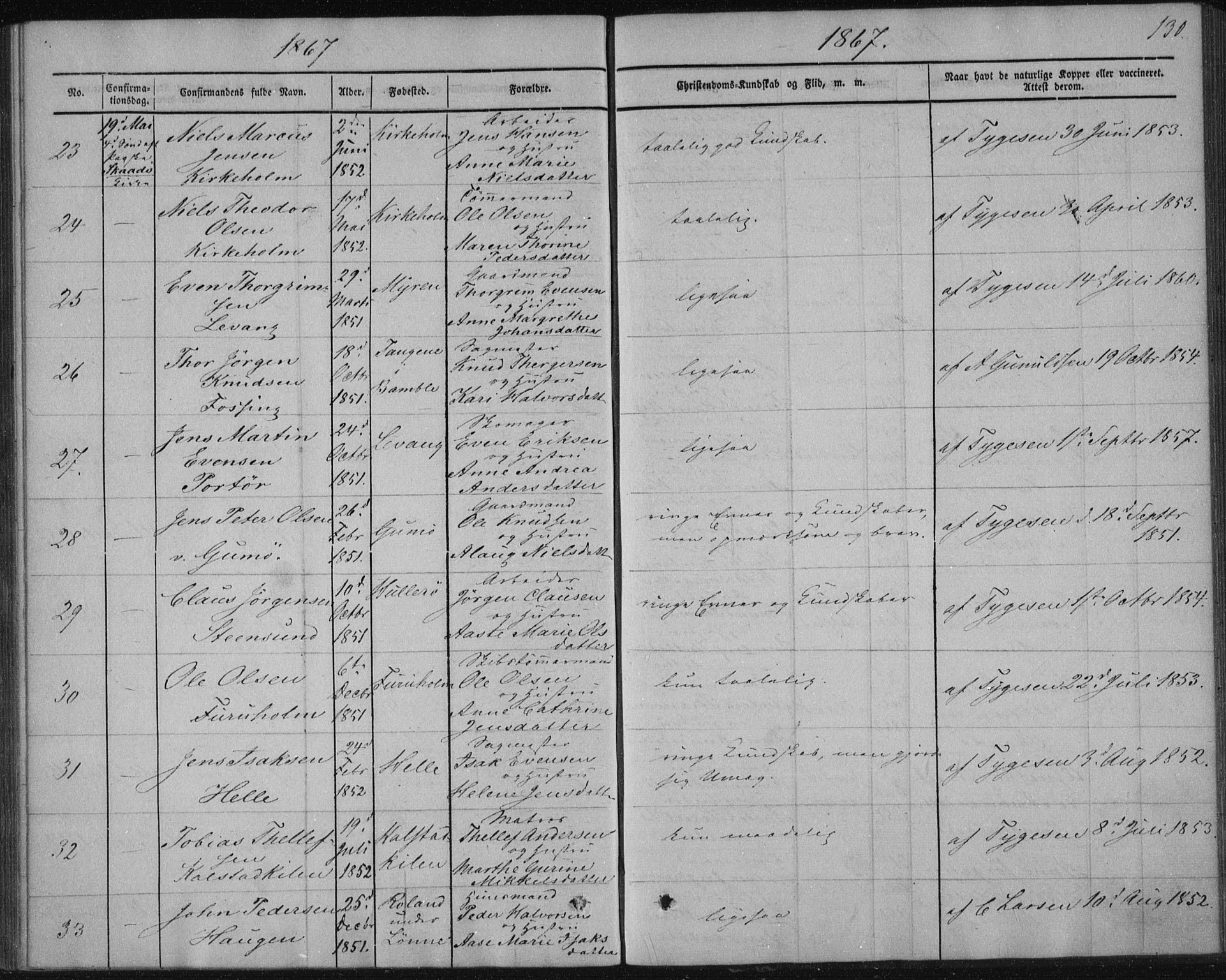 Sannidal kirkebøker, AV/SAKO-A-296/F/Fa/L0009: Parish register (official) no. 9, 1855-1873, p. 130