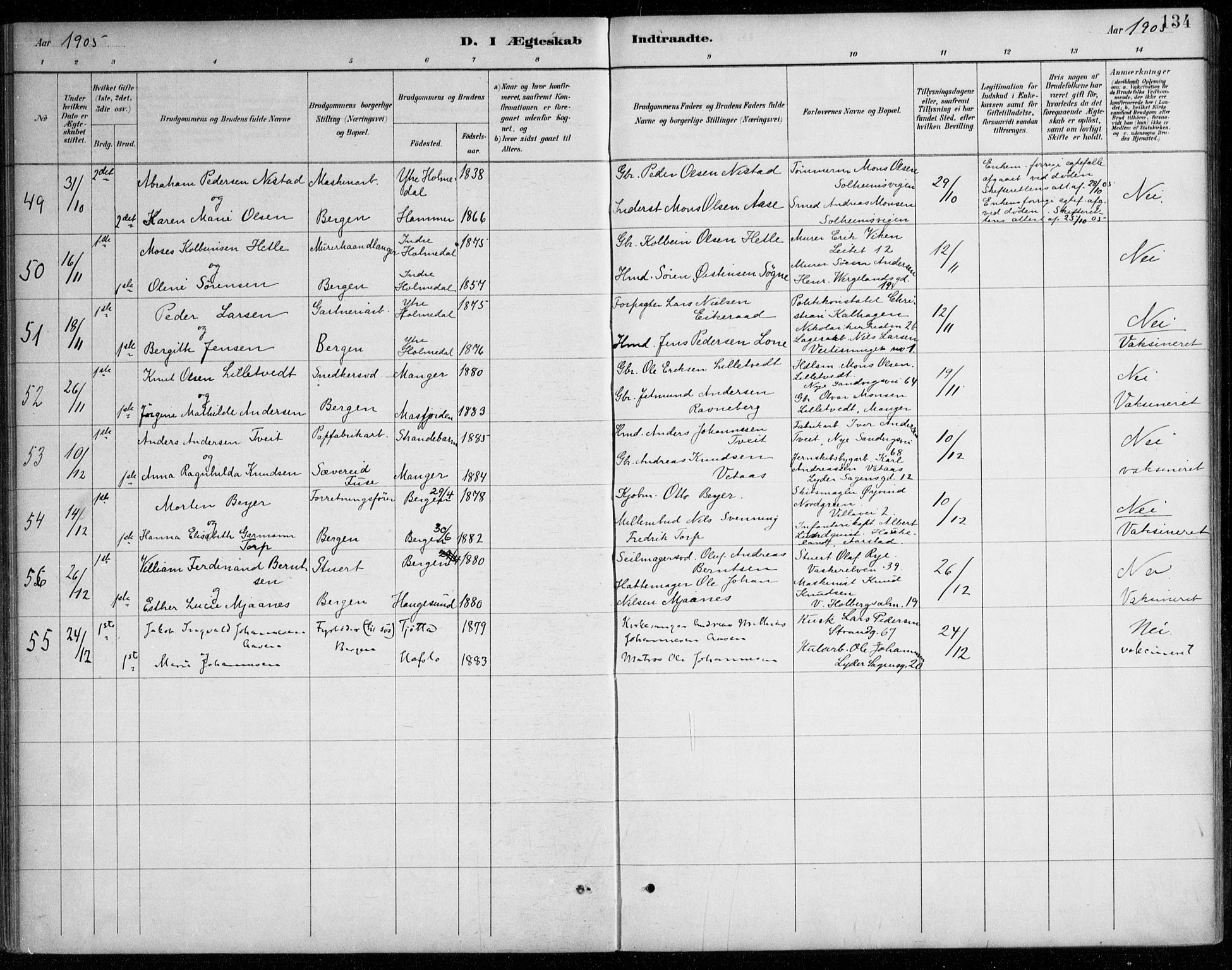 Johanneskirken sokneprestembete, AV/SAB-A-76001/H/Haa/L0012: Parish register (official) no. D 1, 1885-1912, p. 134