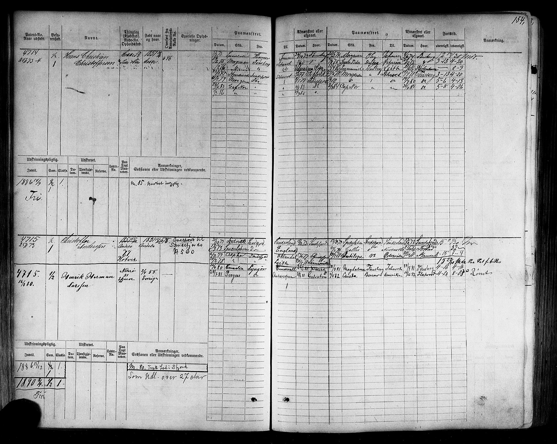 Tønsberg innrulleringskontor, SAKO/A-786/F/Fc/Fca/L0007: Hovedrulle Patent nr. 4408-5607, 1871-1876, p. 156