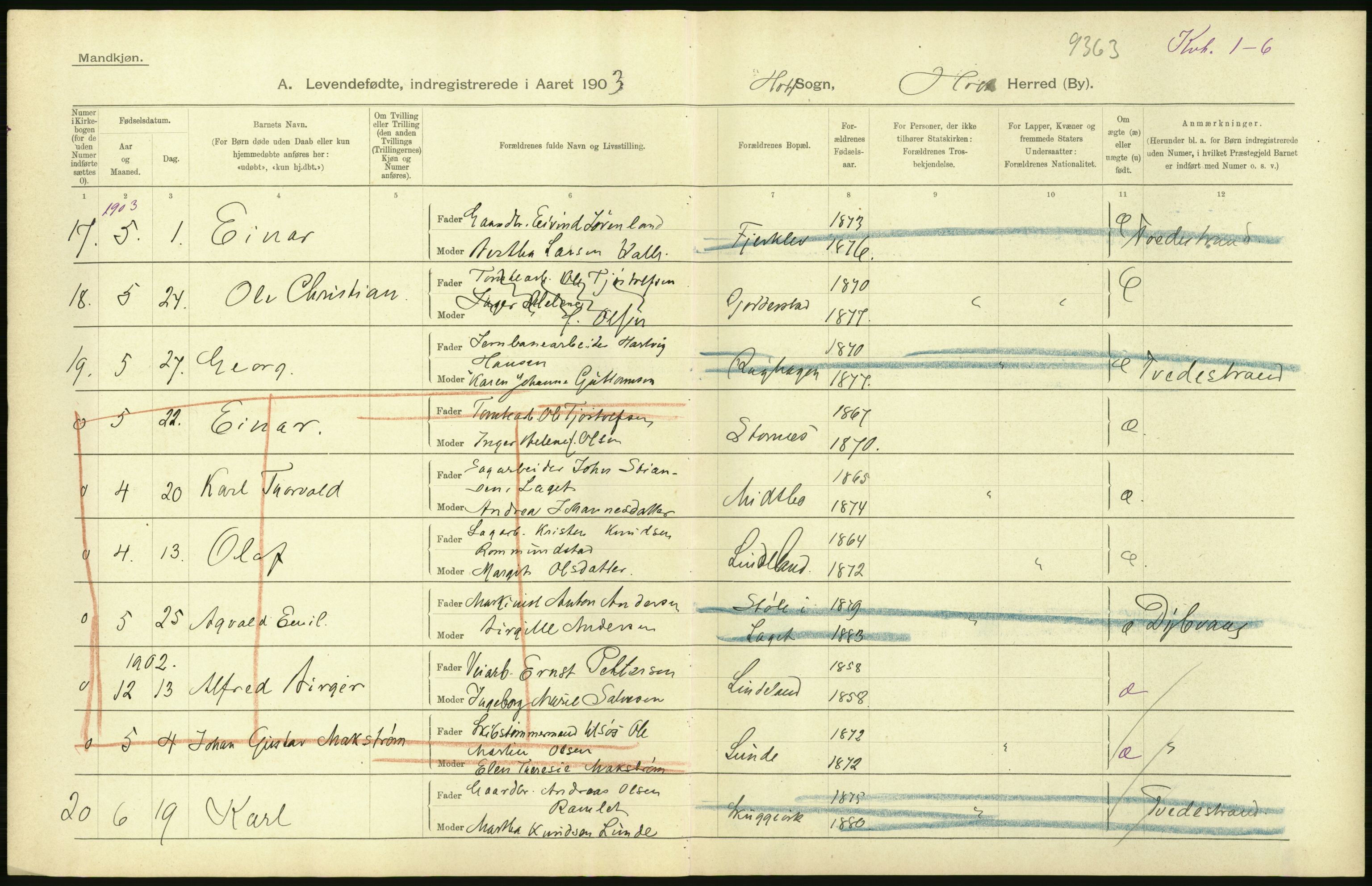 Statistisk sentralbyrå, Sosiodemografiske emner, Befolkning, AV/RA-S-2228/D/Df/Dfa/Dfaa/L0010: Nedenes amt: Fødte, gifte, døde, 1903, p. 66