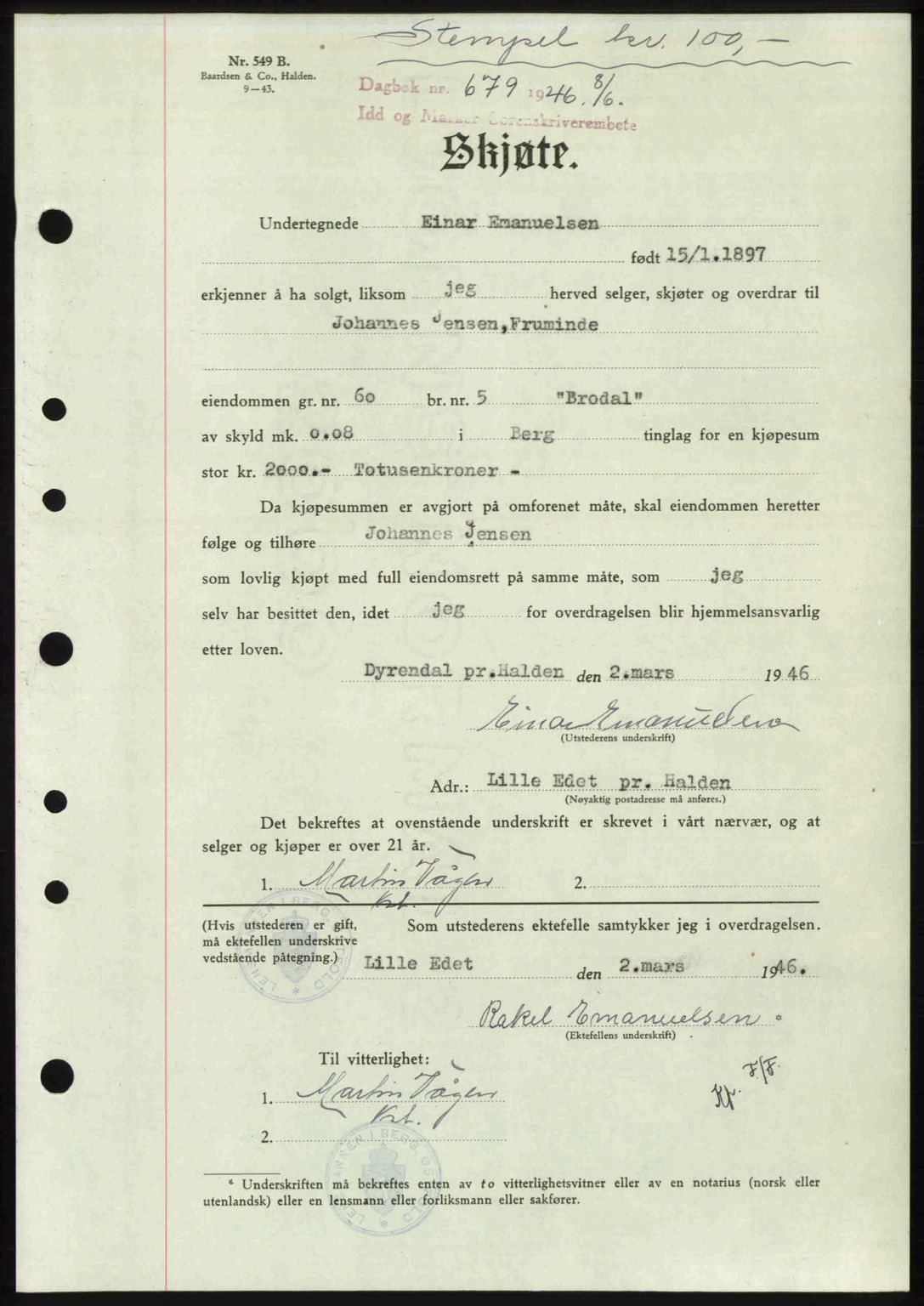 Idd og Marker sorenskriveri, AV/SAO-A-10283/G/Gb/Gbb/L0008: Mortgage book no. A8, 1946-1946, Diary no: : 679/1946