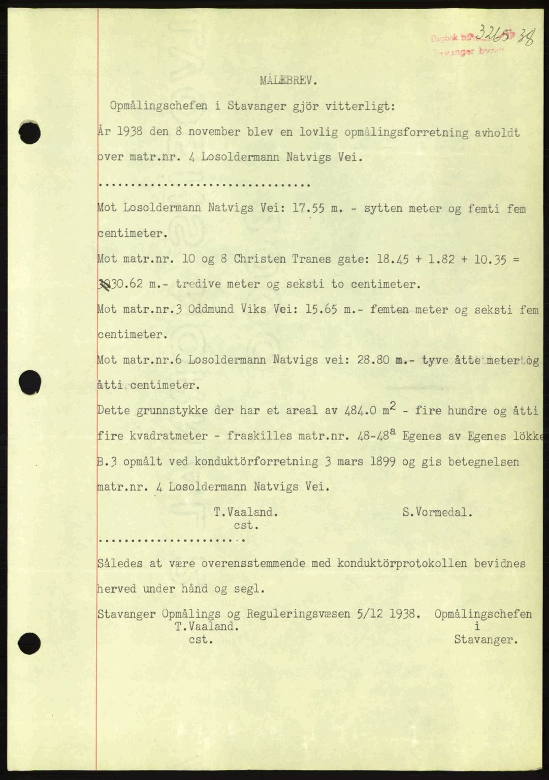 Stavanger byrett, SAST/A-100455/002/G/Gb/L0014: Mortgage book no. A4, 1938-1939, Diary no: : 3265/1938