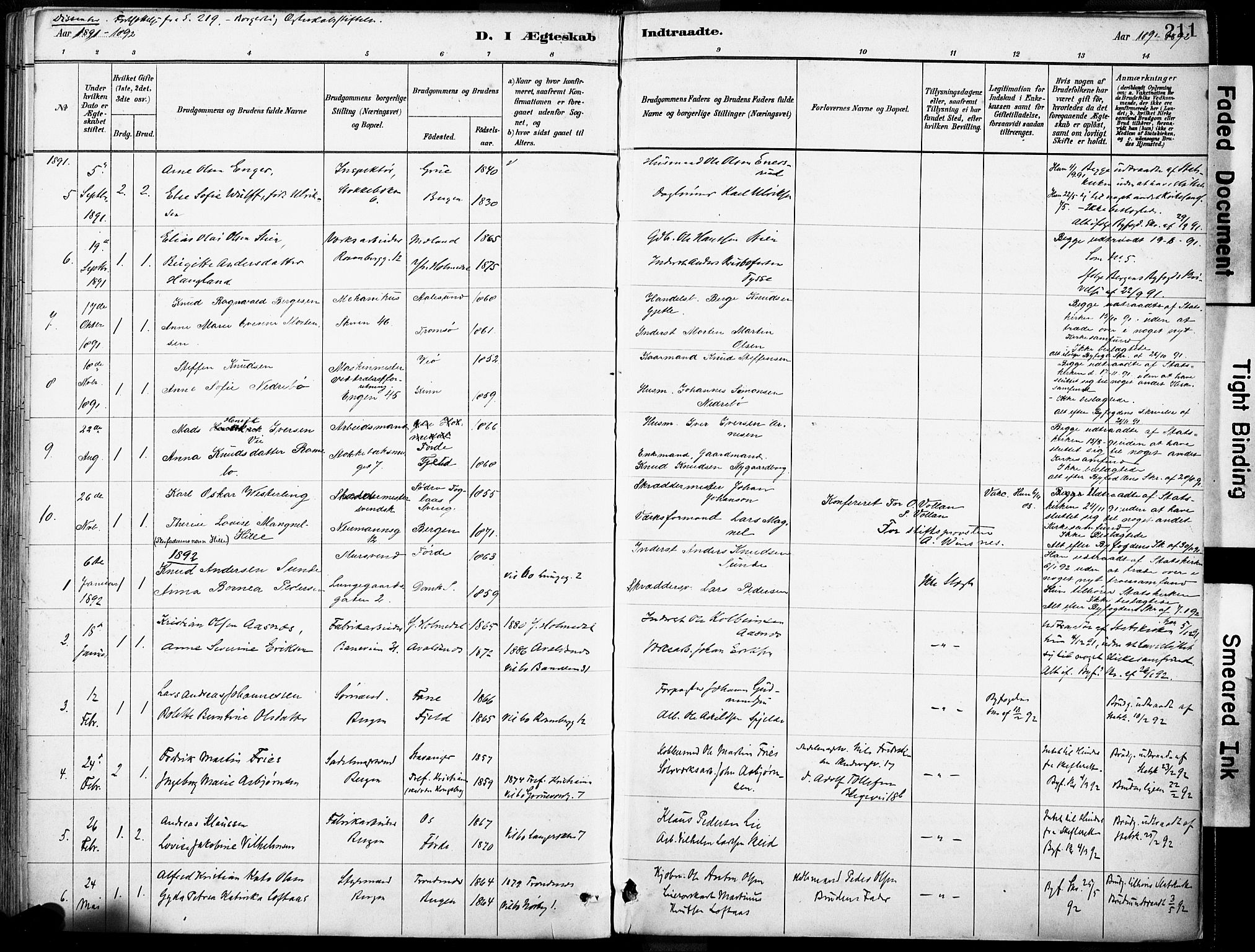 Domkirken sokneprestembete, AV/SAB-A-74801/H/Haa/L0037: Parish register (official) no. D 4, 1880-1907, p. 211