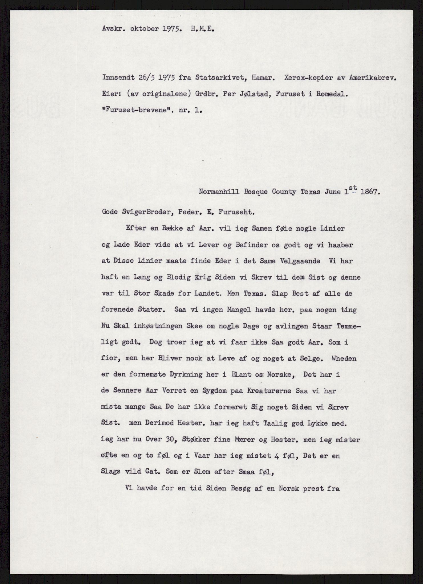 Samlinger til kildeutgivelse, Amerikabrevene, AV/RA-EA-4057/F/L0007: Innlån fra Hedmark: Berg - Furusetbrevene, 1838-1914, p. 437