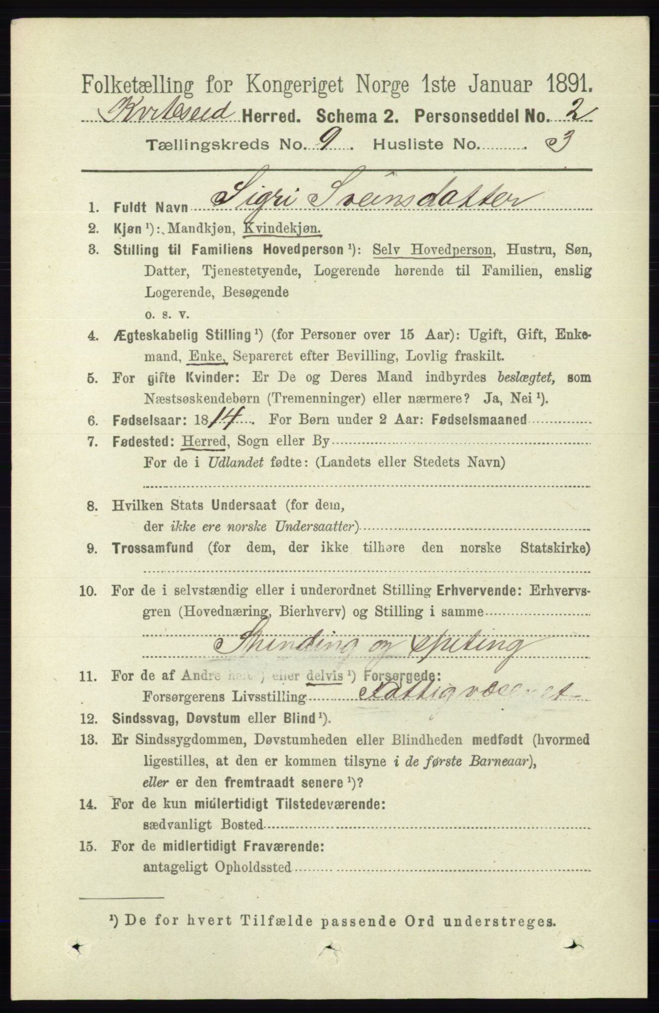 RA, 1891 census for 0829 Kviteseid, 1891, p. 2000