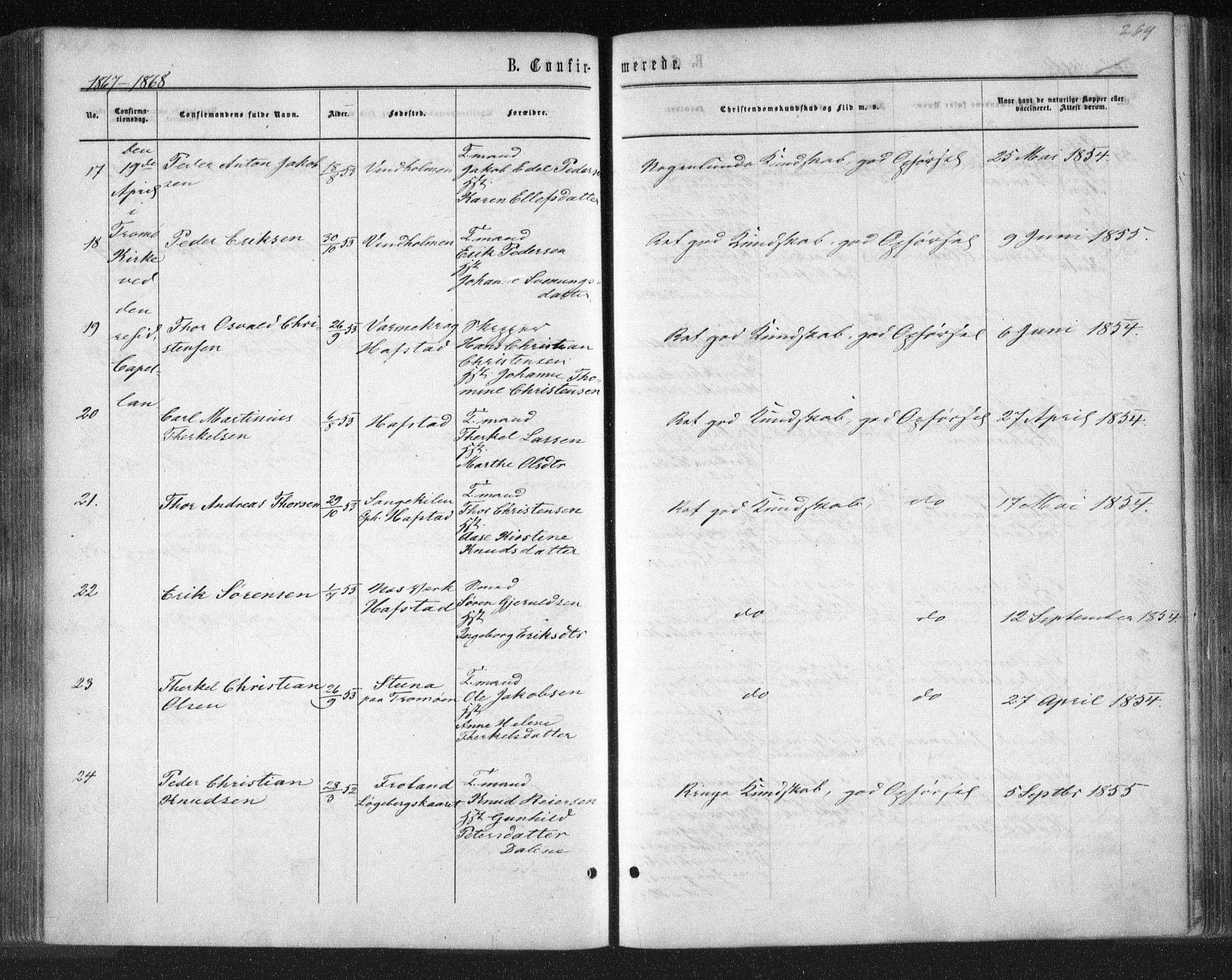 Tromøy sokneprestkontor, SAK/1111-0041/F/Fa/L0007: Parish register (official) no. A 7, 1864-1869, p. 264
