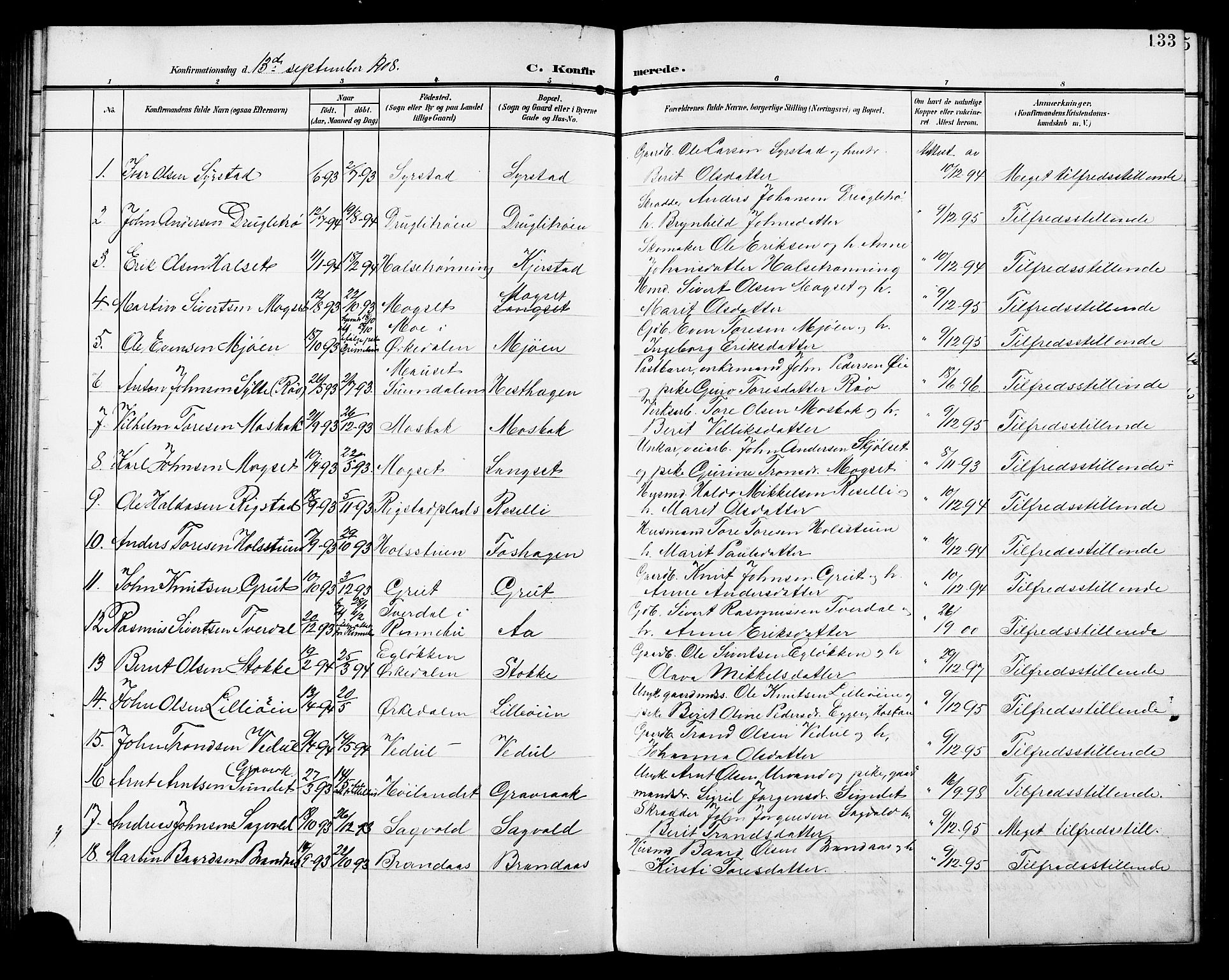 Ministerialprotokoller, klokkerbøker og fødselsregistre - Sør-Trøndelag, SAT/A-1456/672/L0864: Parish register (copy) no. 672C03, 1902-1914, p. 133