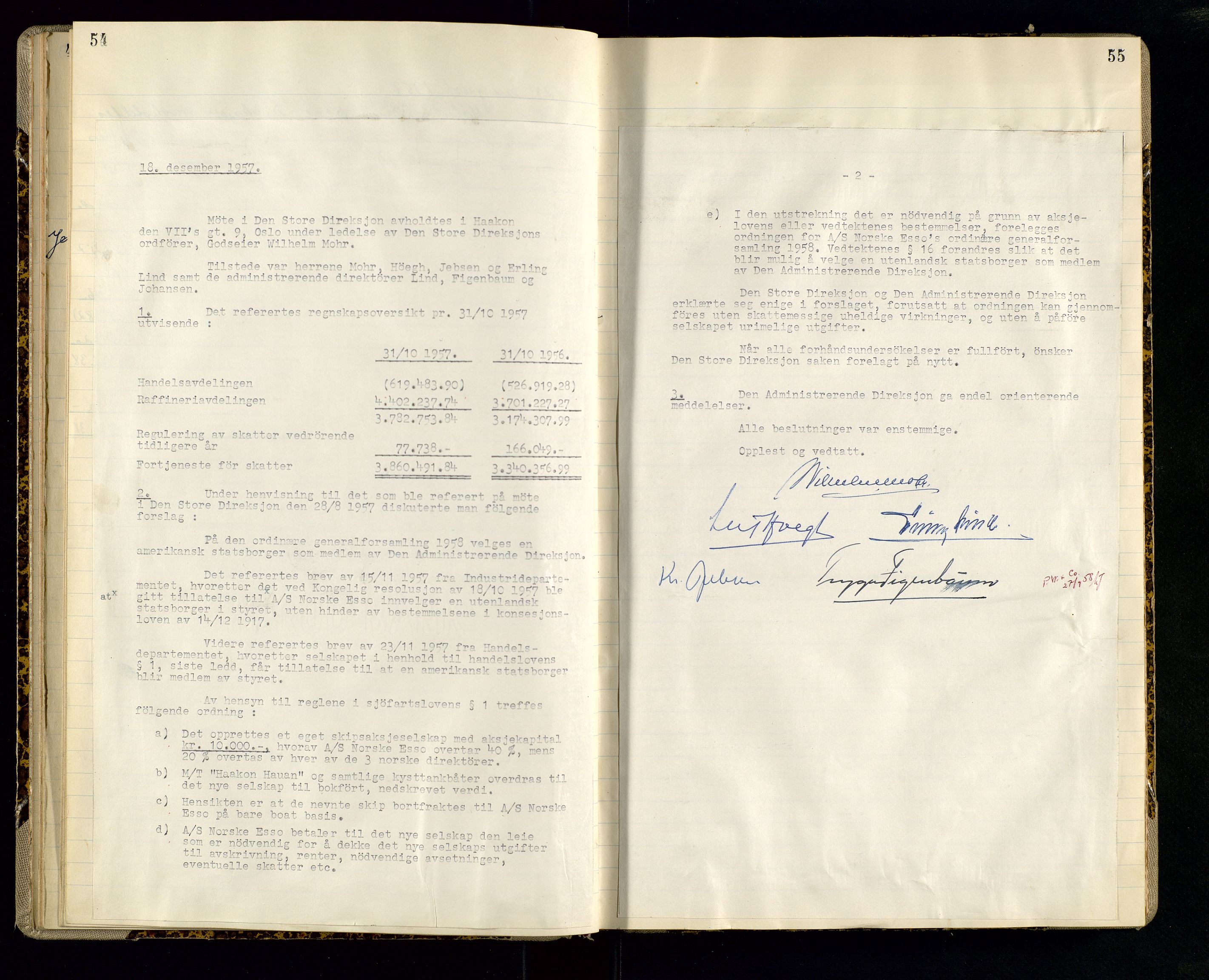 PA 1534 - Østlandske Petroleumscompagni A/S, AV/SAST-A-101954/A/Aa/L0005/0002: Direksjonsprotokoller / Den Store Direksjon (referatprotokoll), 1952-1964, p. 54-55