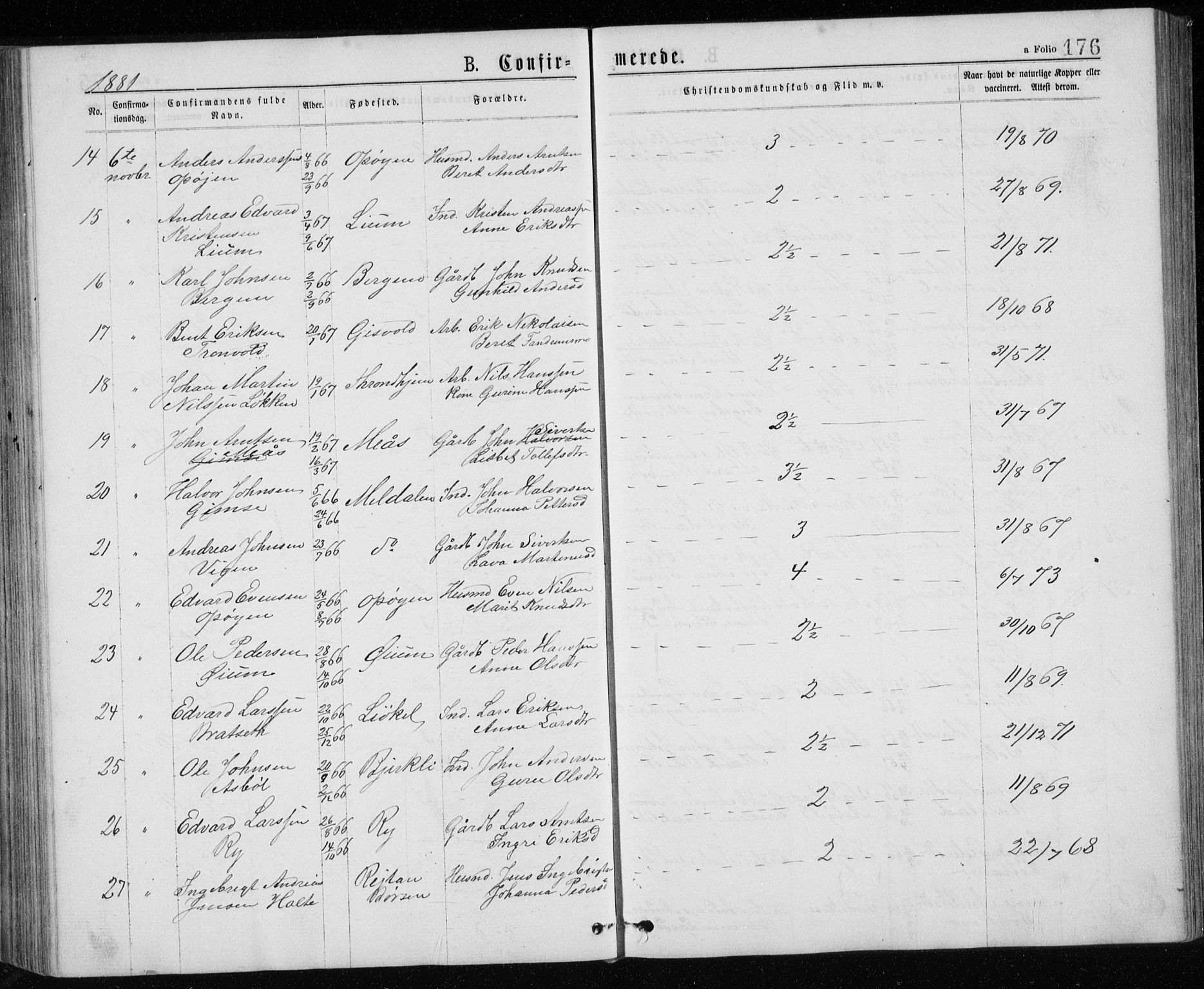Ministerialprotokoller, klokkerbøker og fødselsregistre - Sør-Trøndelag, SAT/A-1456/671/L0843: Parish register (copy) no. 671C02, 1873-1892, p. 176