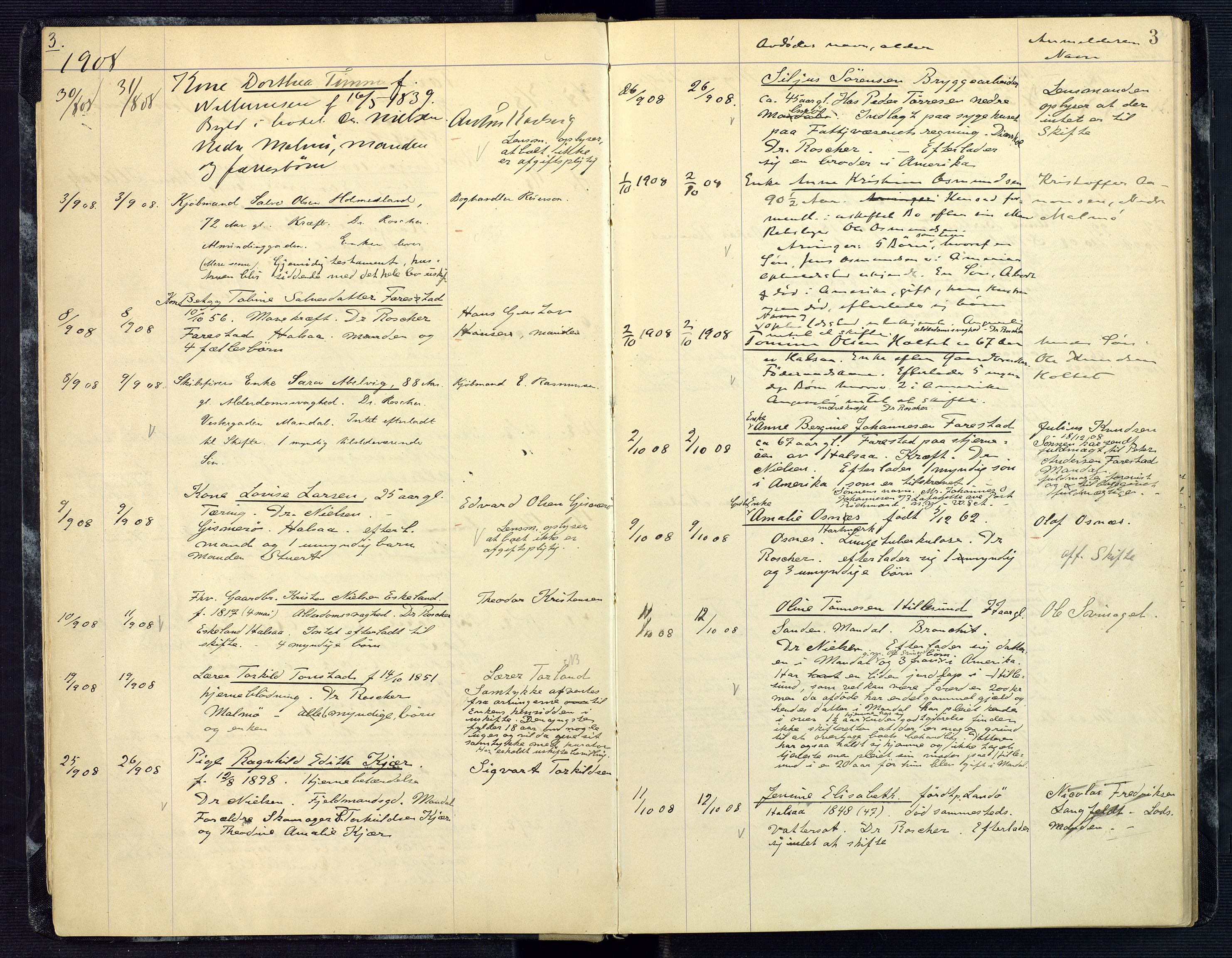 Mandal sorenskriveri, AV/SAK-1221-0005/001/H/Ha/L0006: Dødsfall Mandal prestegjeld nr 5, 1908-1920, p. 3